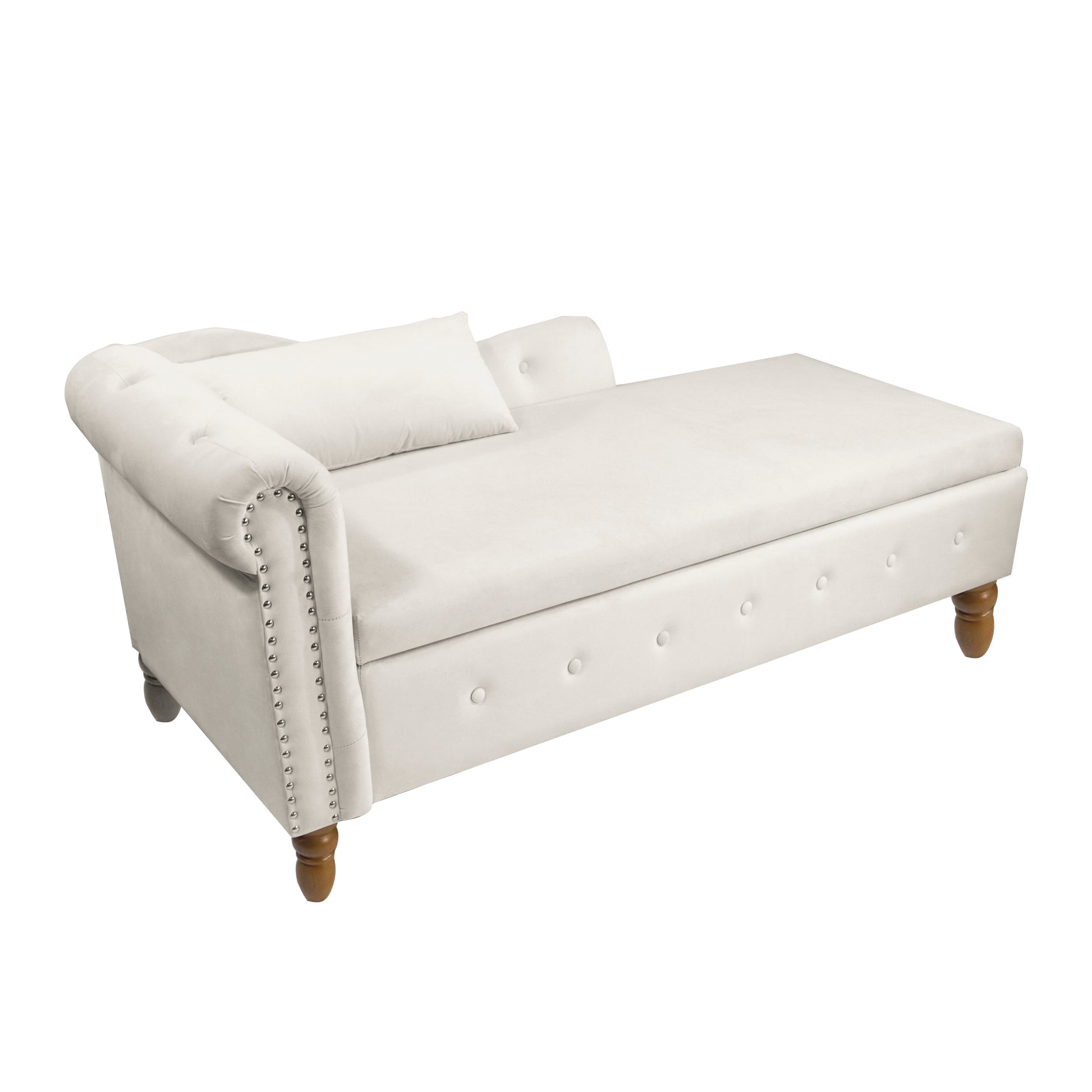 Elegant ivory velvet chaise lounge with tufted accents and silver nailhead trim