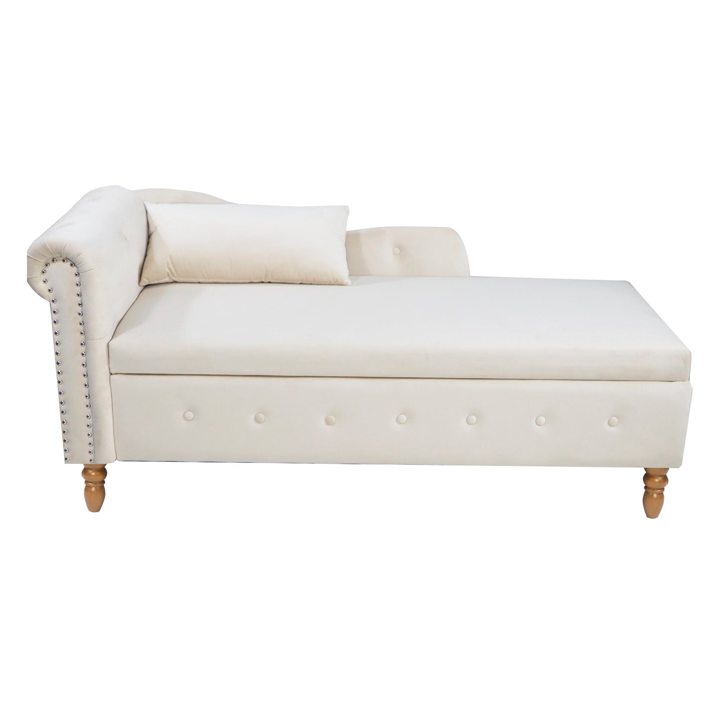 Cream velvet chaise lounge with tufted details and silver nailhead trim