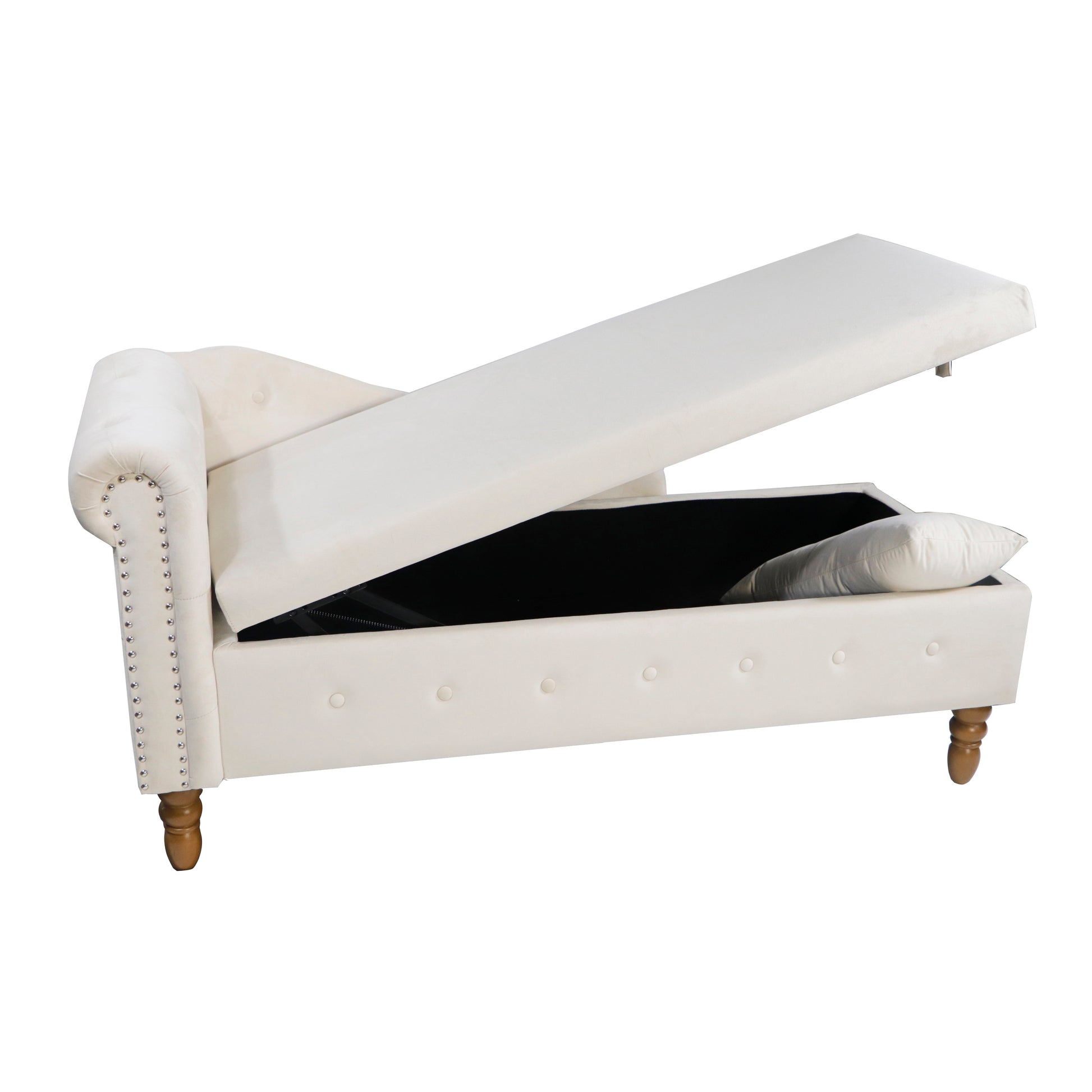 Cream velvet storage ottoman with tufted details and silver nailhead trim