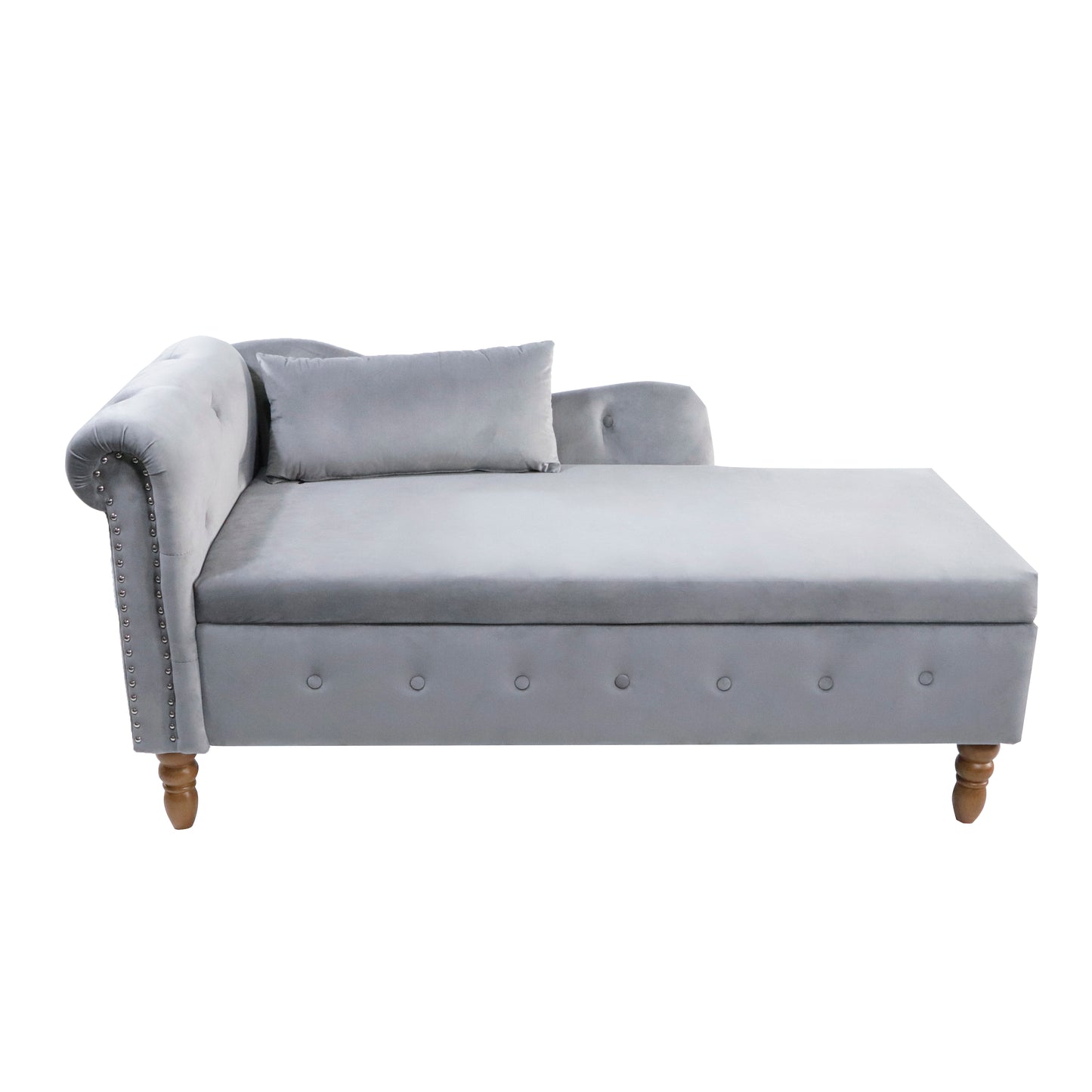 Gray velvet chaise lounge with tufted details and silver nailhead trim