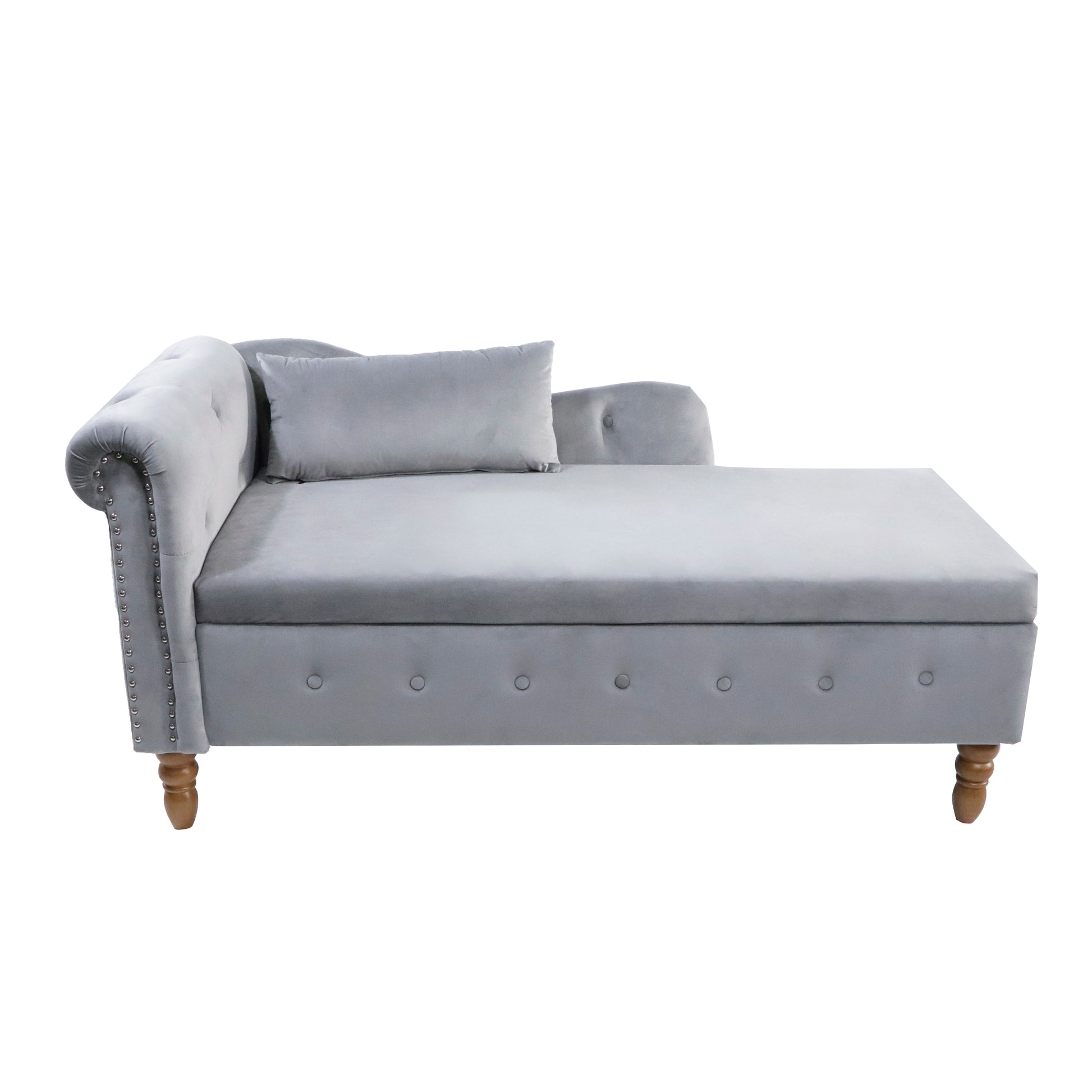 Gray velvet chaise lounge with tufted details and silver nailhead trim
