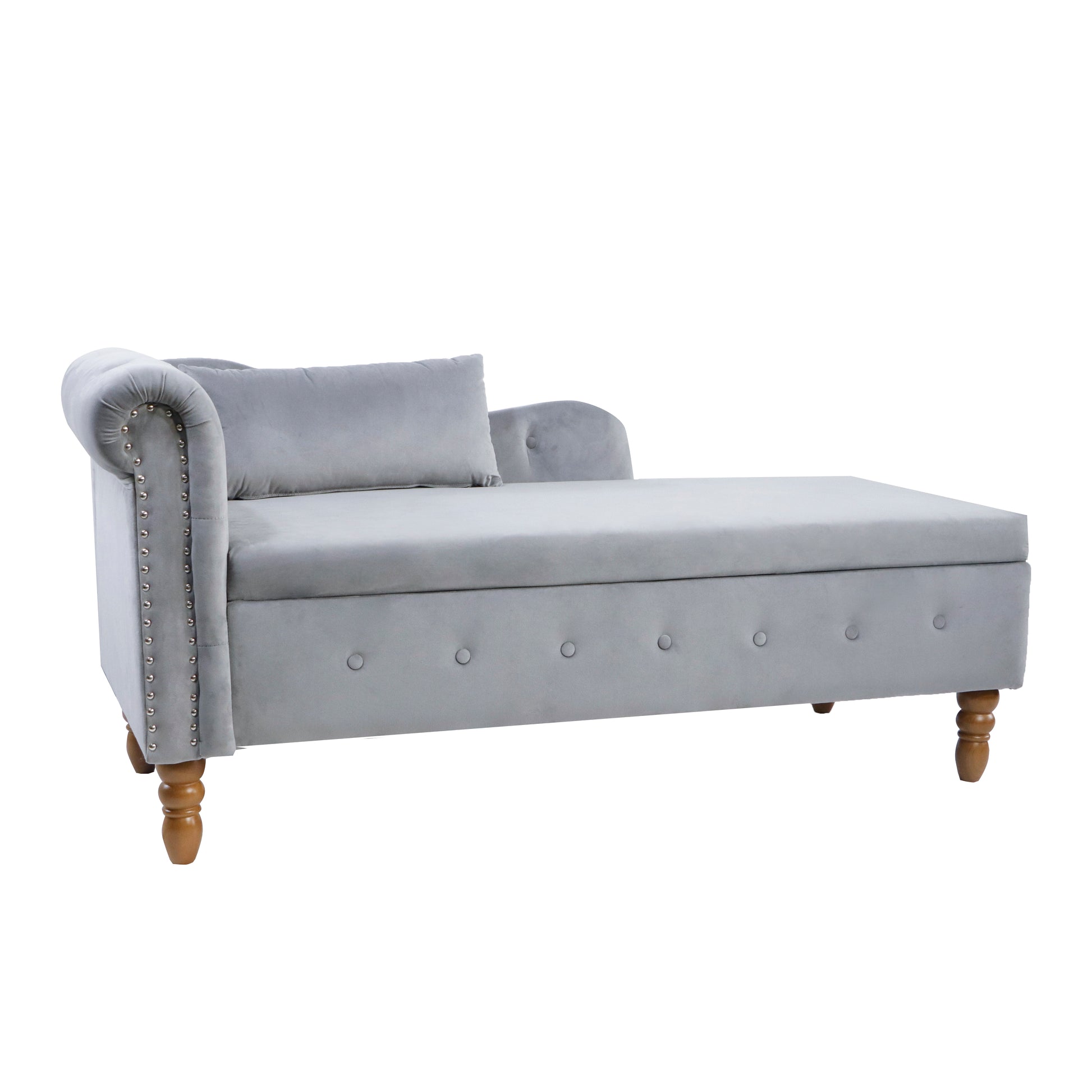 Light gray velvet chaise lounge with tufted buttons and silver nailhead trim