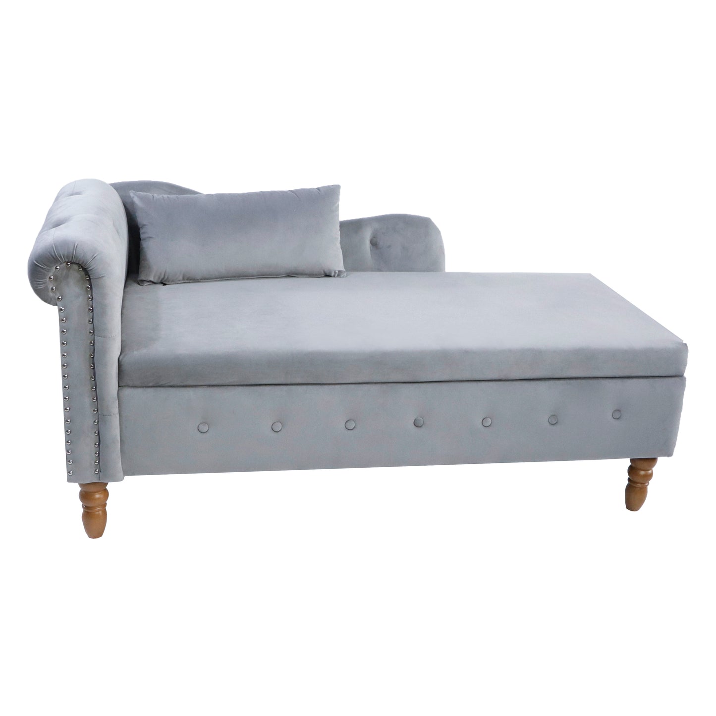 Light gray velvet chaise lounge with tufted back and silver nailhead trim