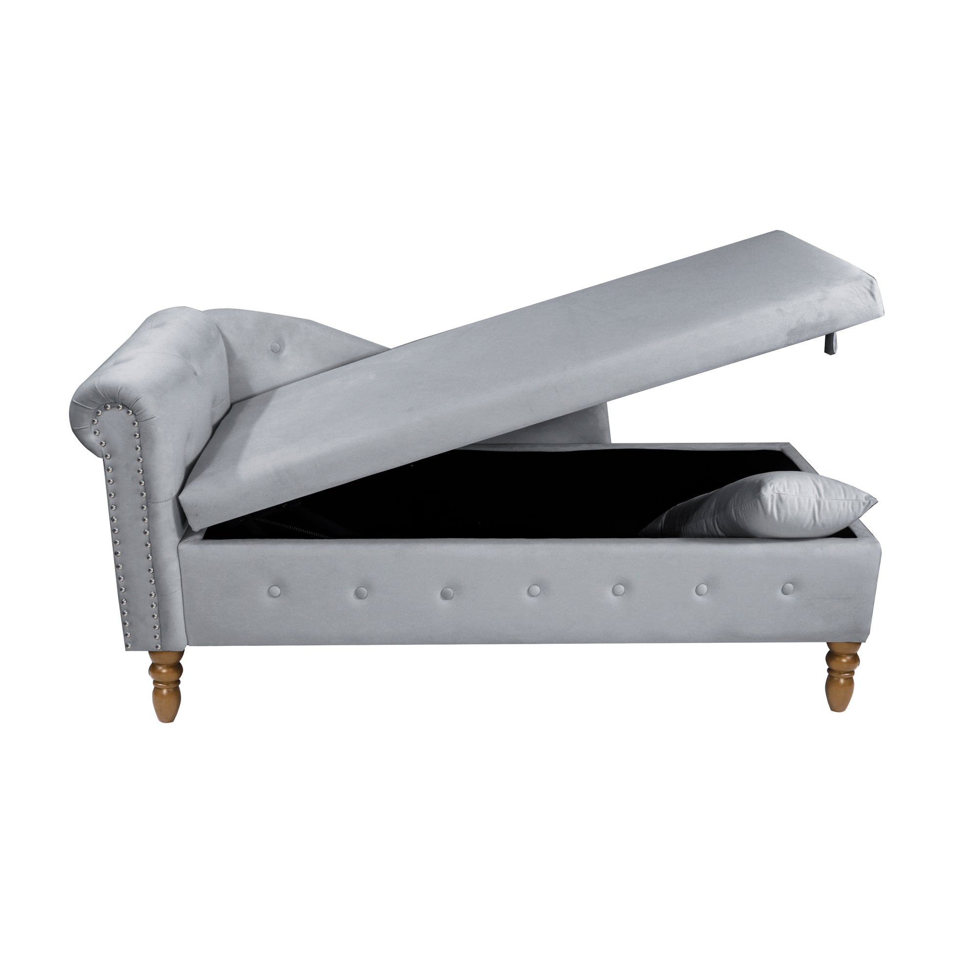 Light grey velvet storage bench with tufted back and silver nailhead trim