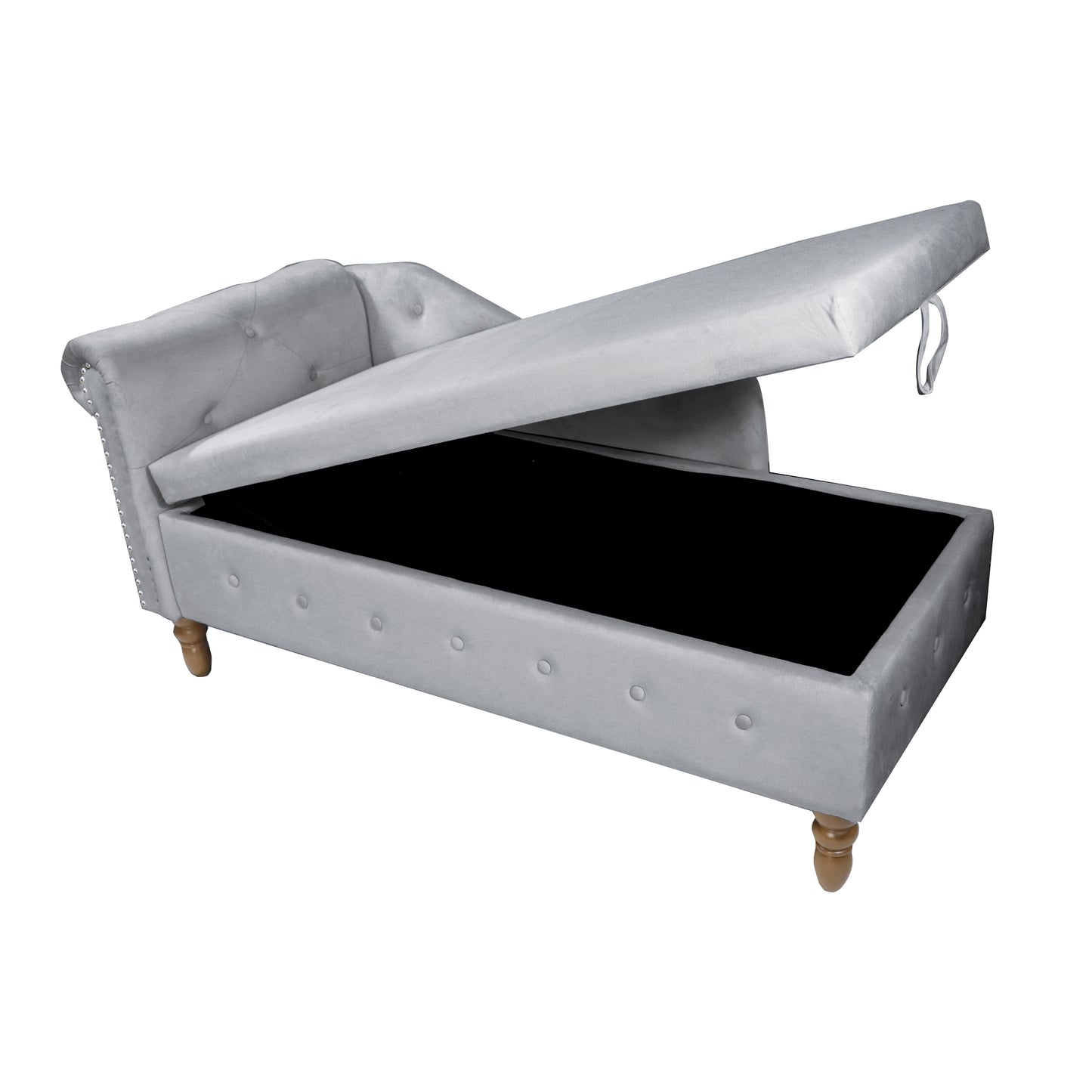 Grey velvet chaise lounge with open storage compartment and tufted details