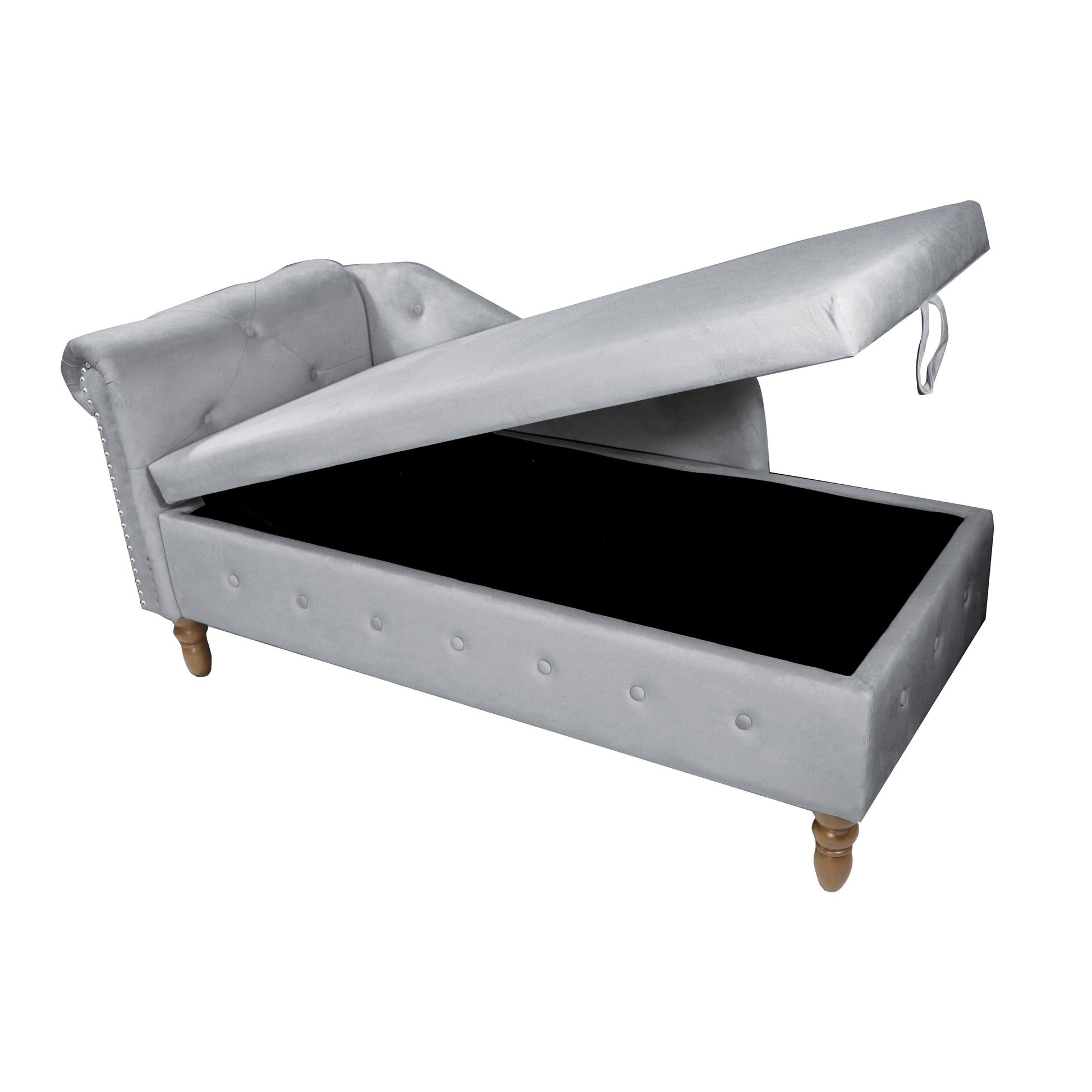 Grey velvet chaise lounge with open storage compartment and tufted details
