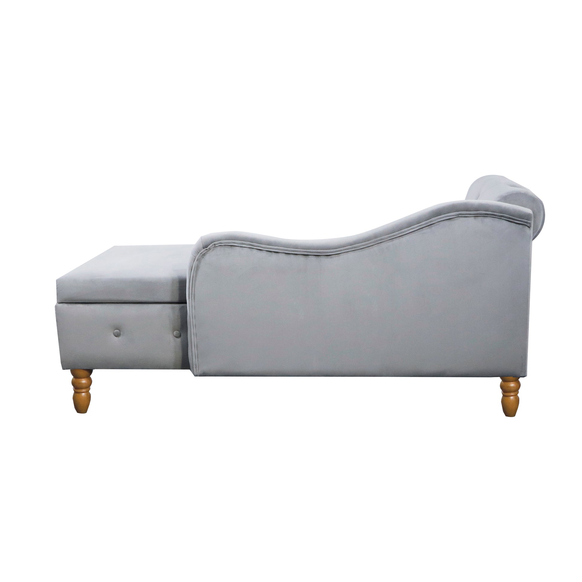 Grey velvet chaise lounge with tufted accents and wooden legs