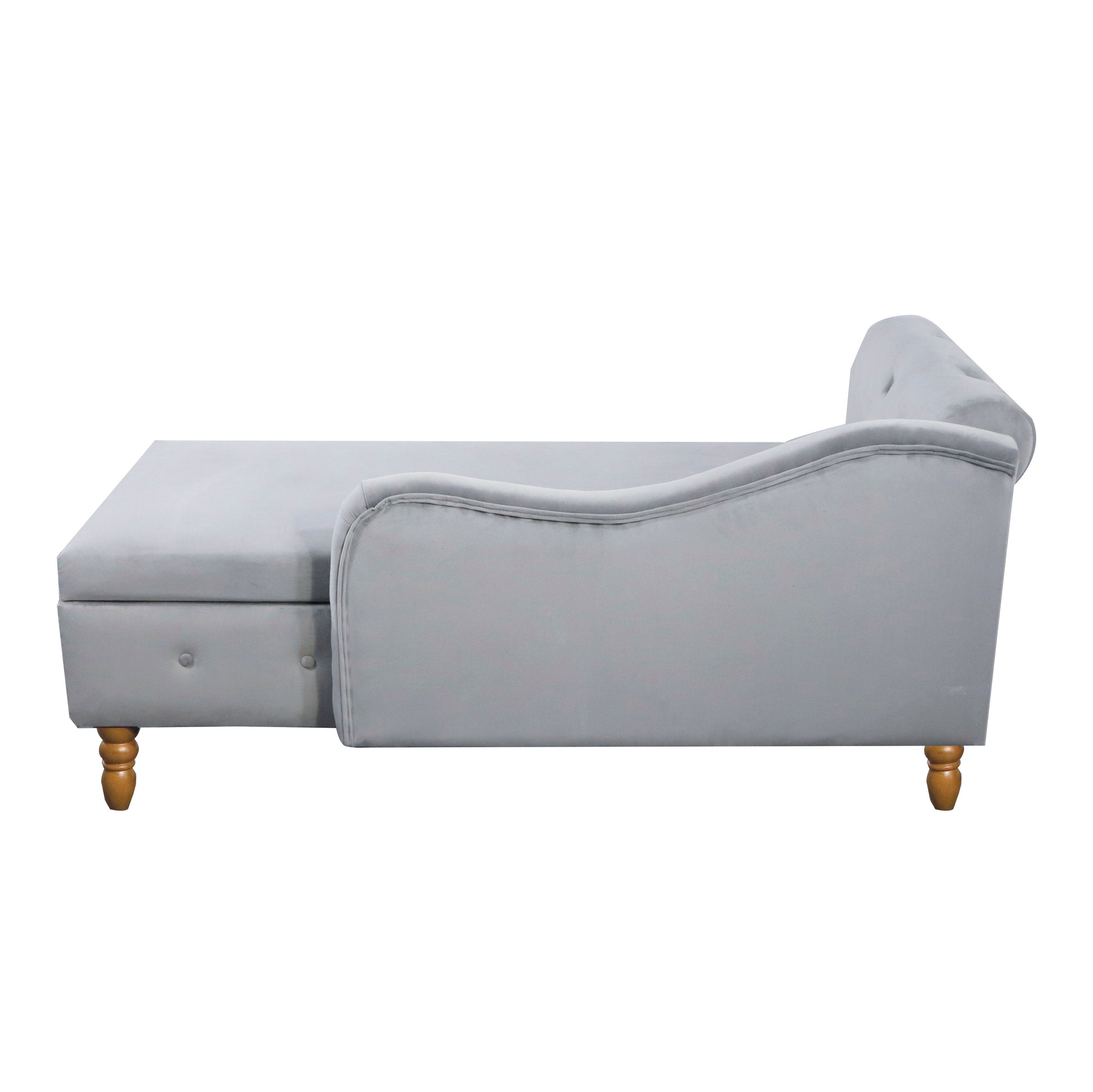 Gray velvet sofa bed with wooden legs extended