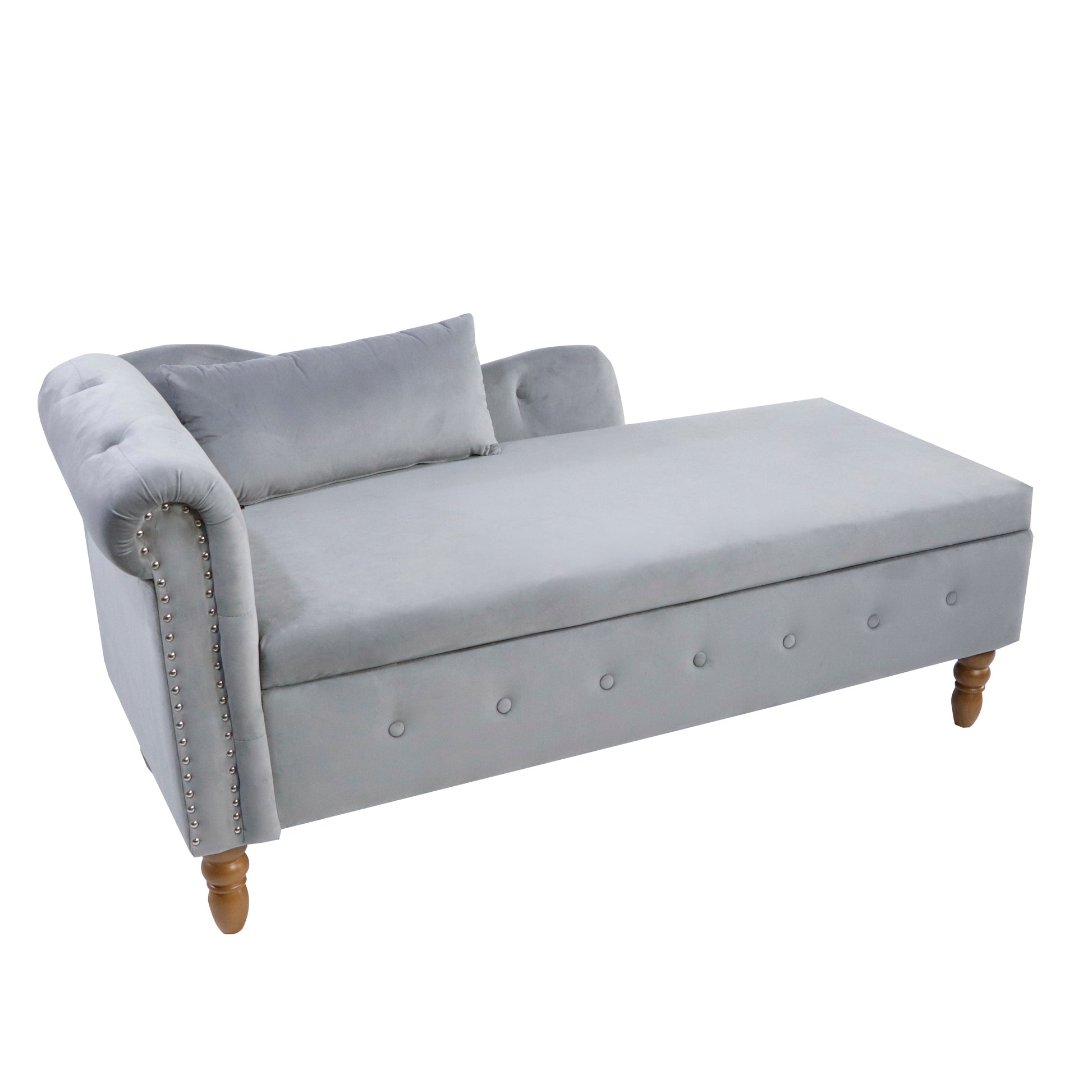 Light grey velvet chaise lounge with tufted details and silver nailhead trim