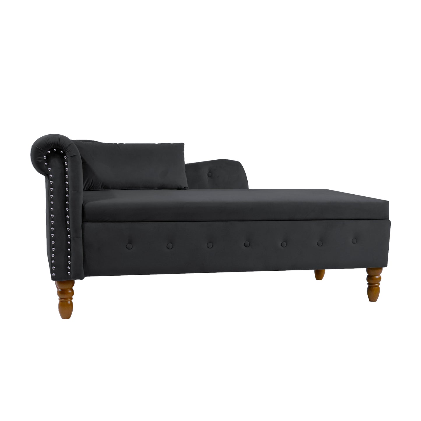 Charcoal grey velvet chaise lounge with tufted seat and nailhead trim