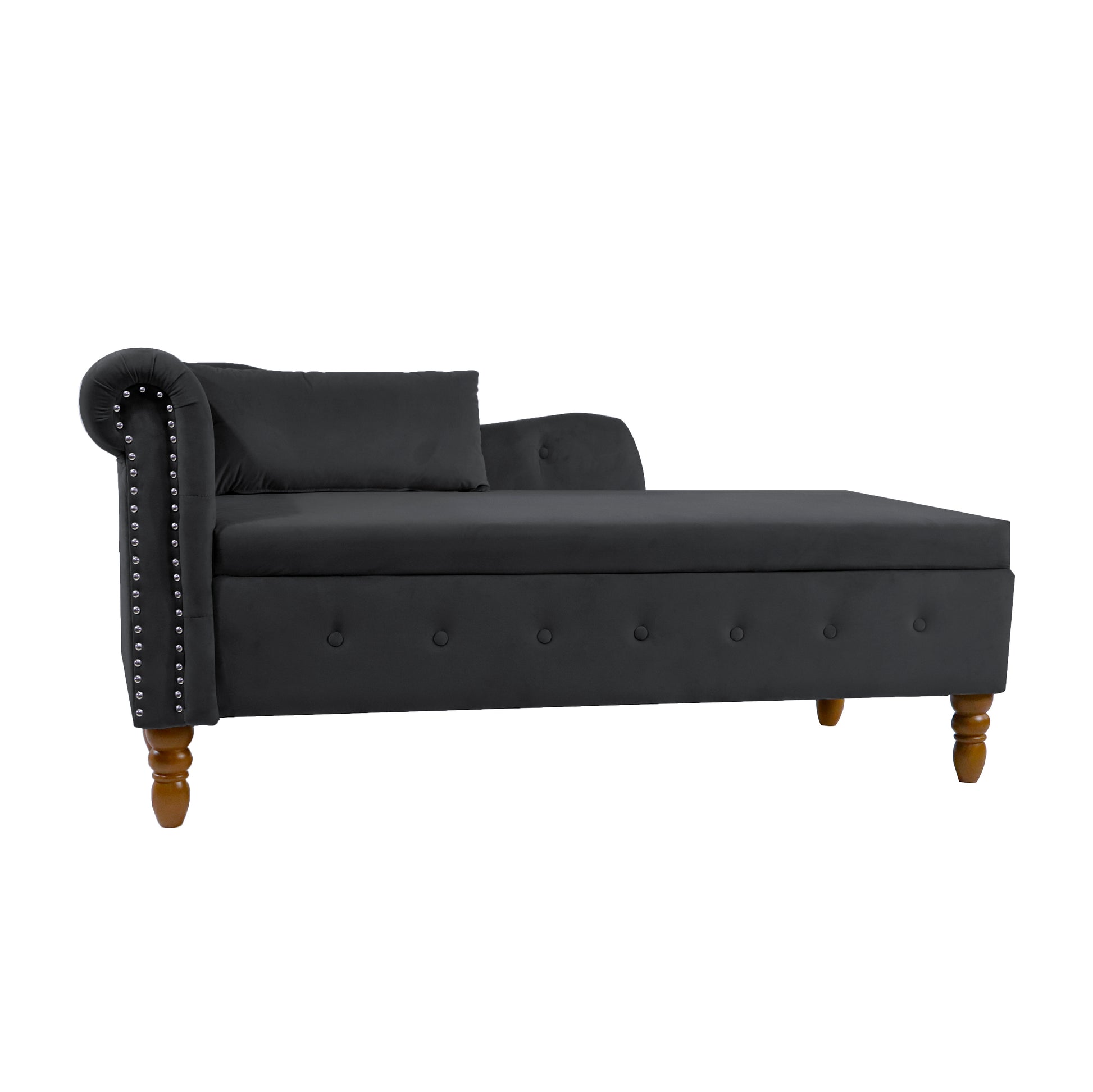 Charcoal grey velvet chaise lounge with tufted seat and nailhead trim