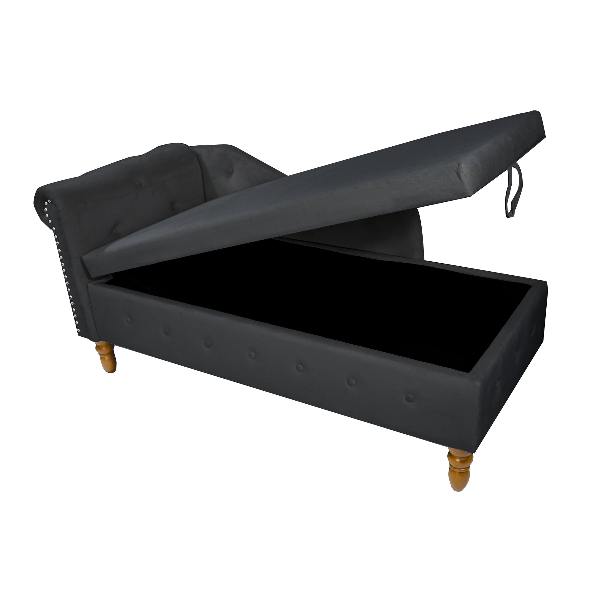 Dark grey velvet chaise lounge with tufted accents and open storage compartment