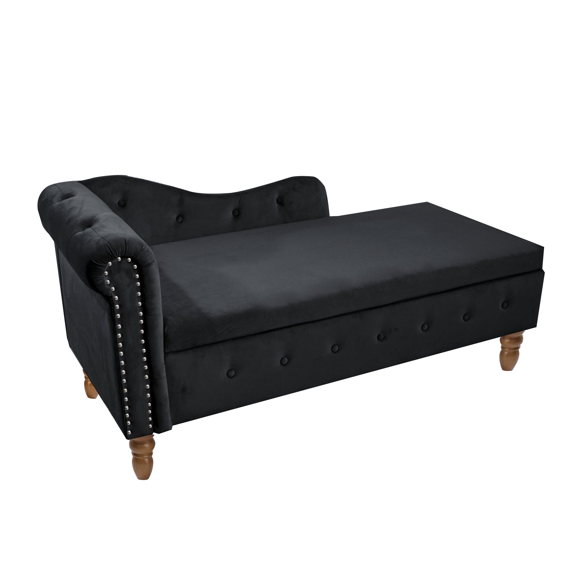 Black velvet chaise lounge with tufted back and silver nailhead trim