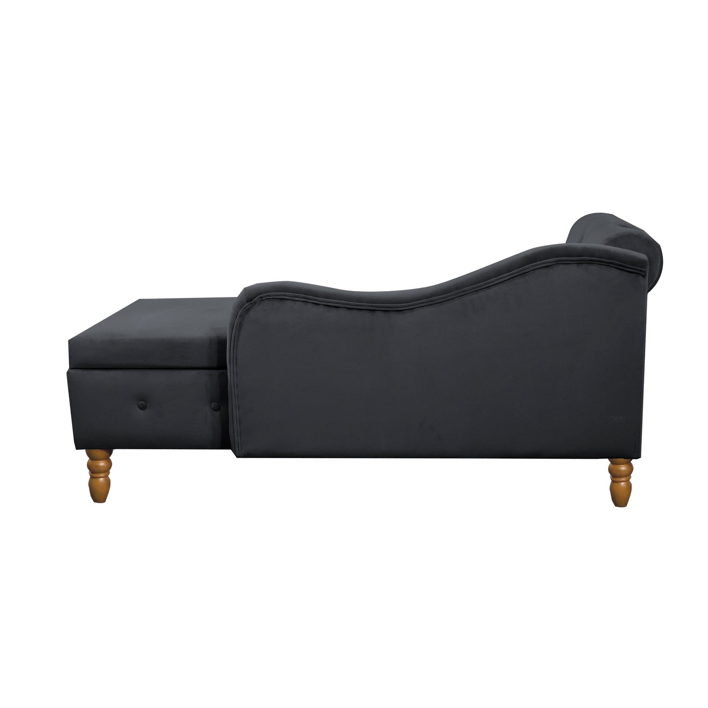 Dark grey velvet chaise lounge with tufted seat and wooden legs