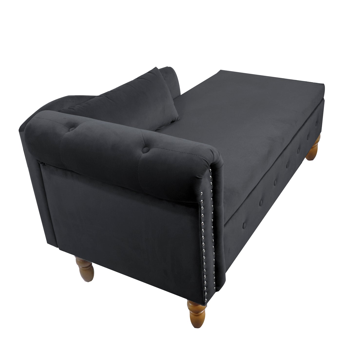 Charcoal grey velvet chaise lounge with tufted back and silver nailhead trim