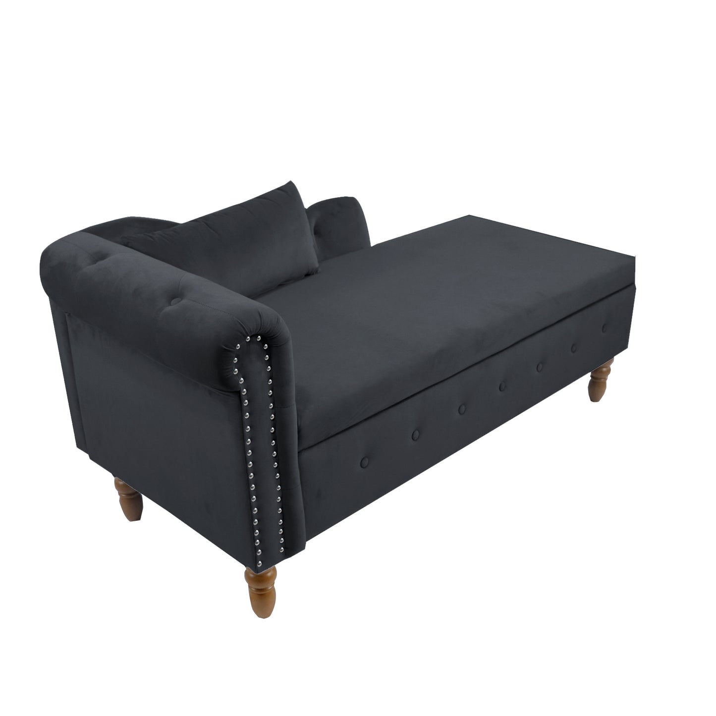 Dark gray velvet chaise lounge with silver nailhead trim and tufted accents