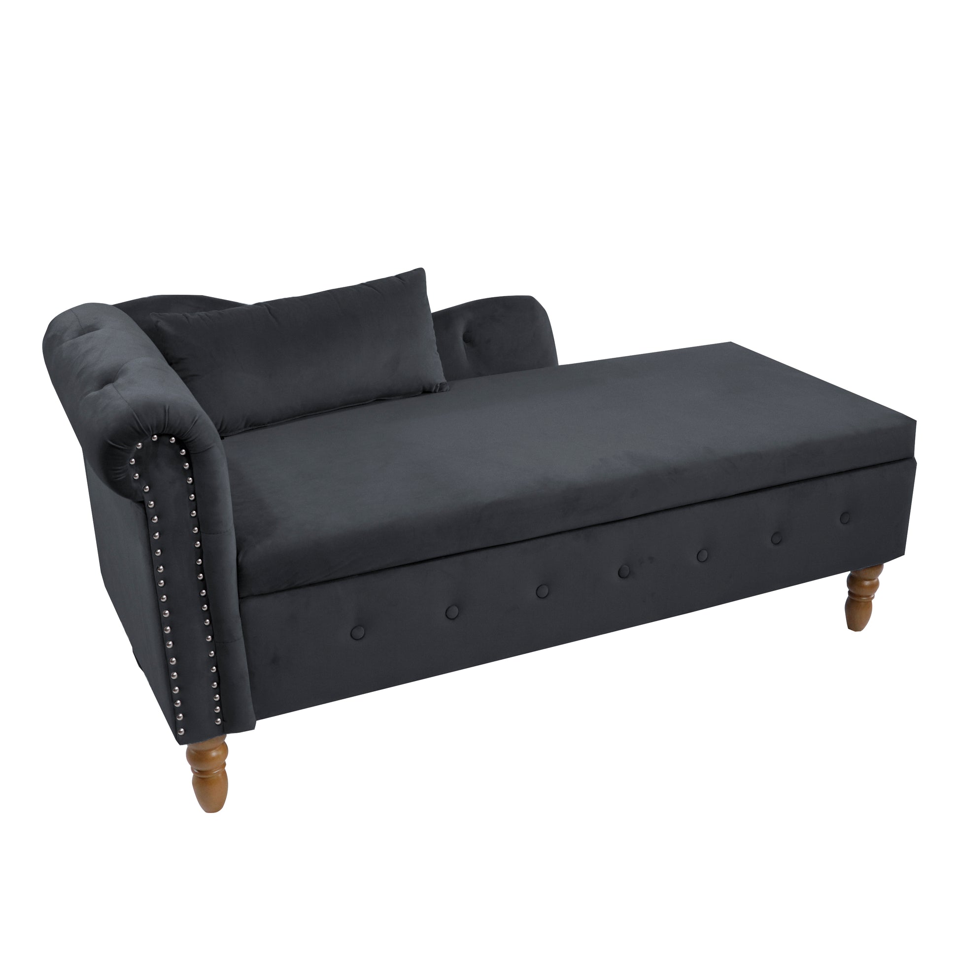 Dark gray velvet chaise lounge with tufted accents and nailhead trim