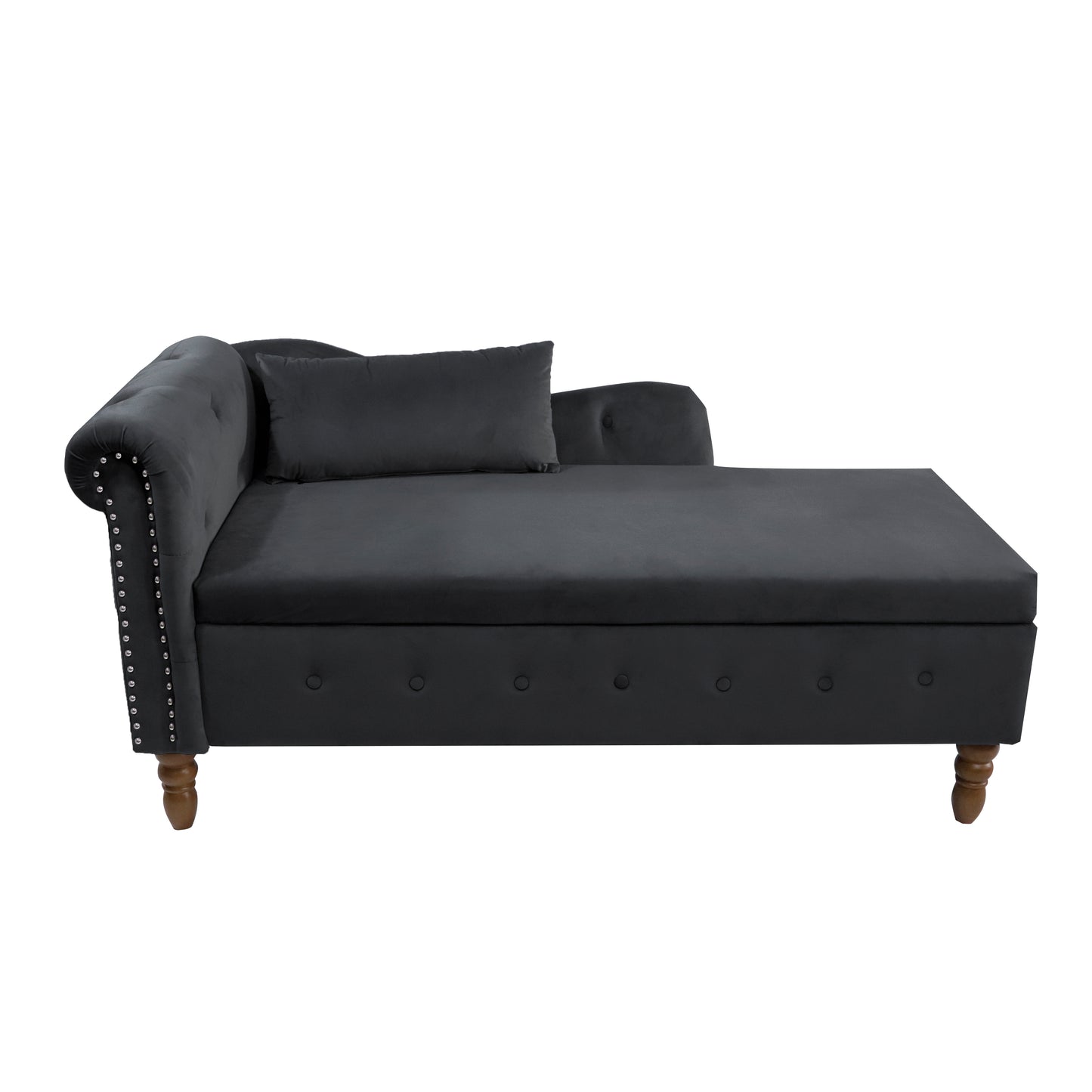 Dark gray velvet chaise lounge with button tufting and silver nailhead trim