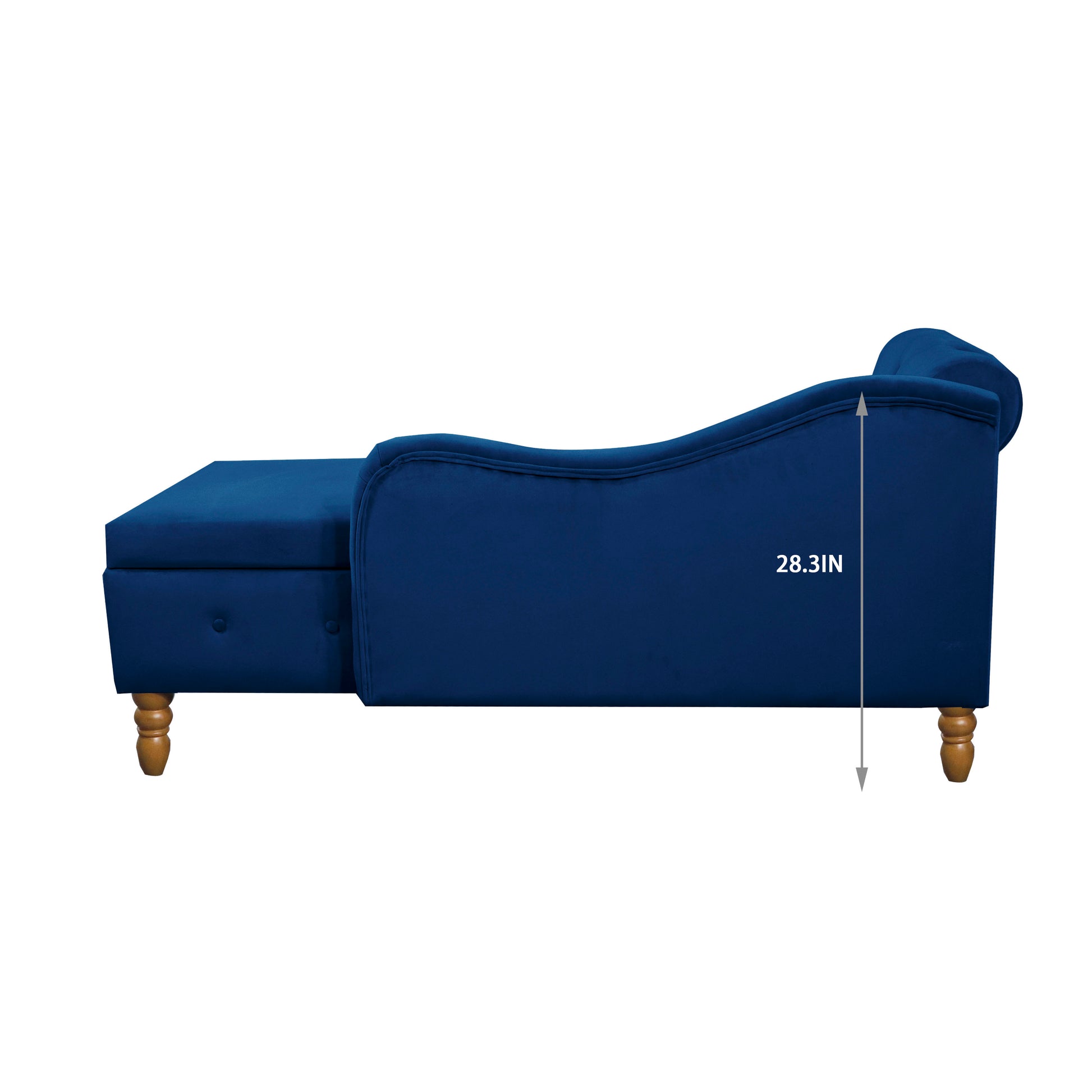 Navy velvet chaise lounge with tufted sides and wooden legs