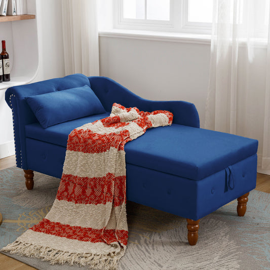 Blue velvet chaise lounge with tufted accents and storage