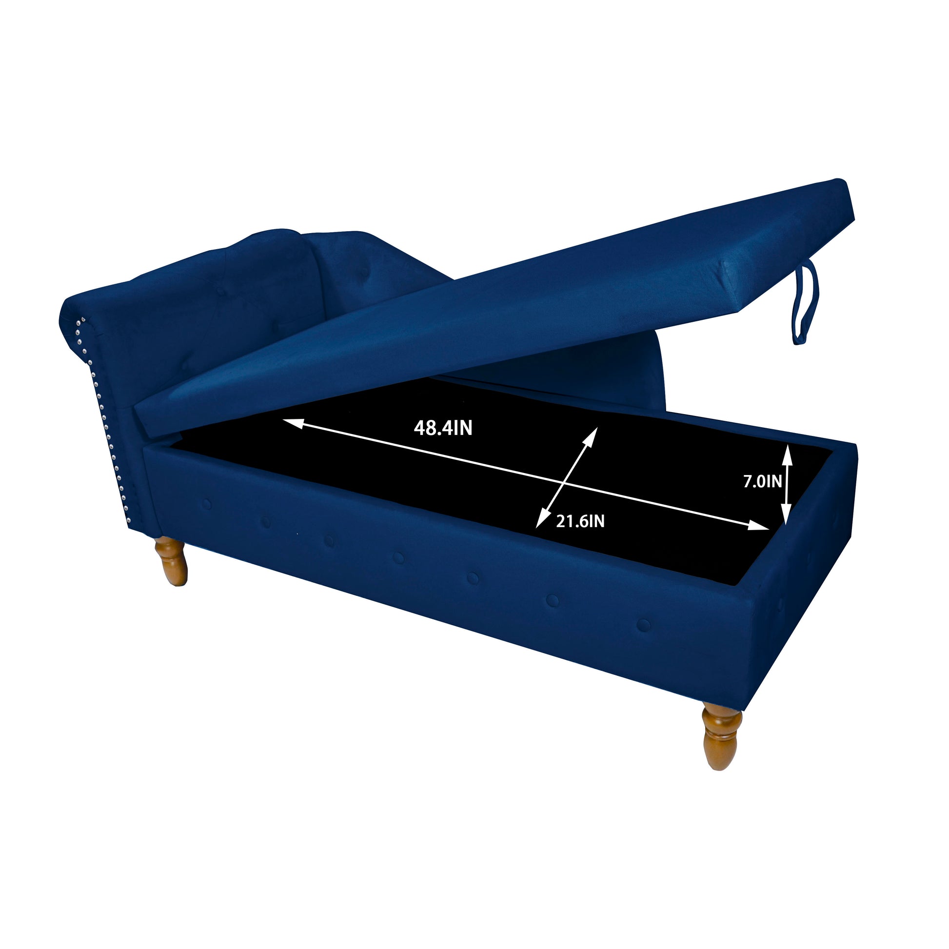 Deep blue velvet chaise lounge with hidden storage and silver nailhead trim
