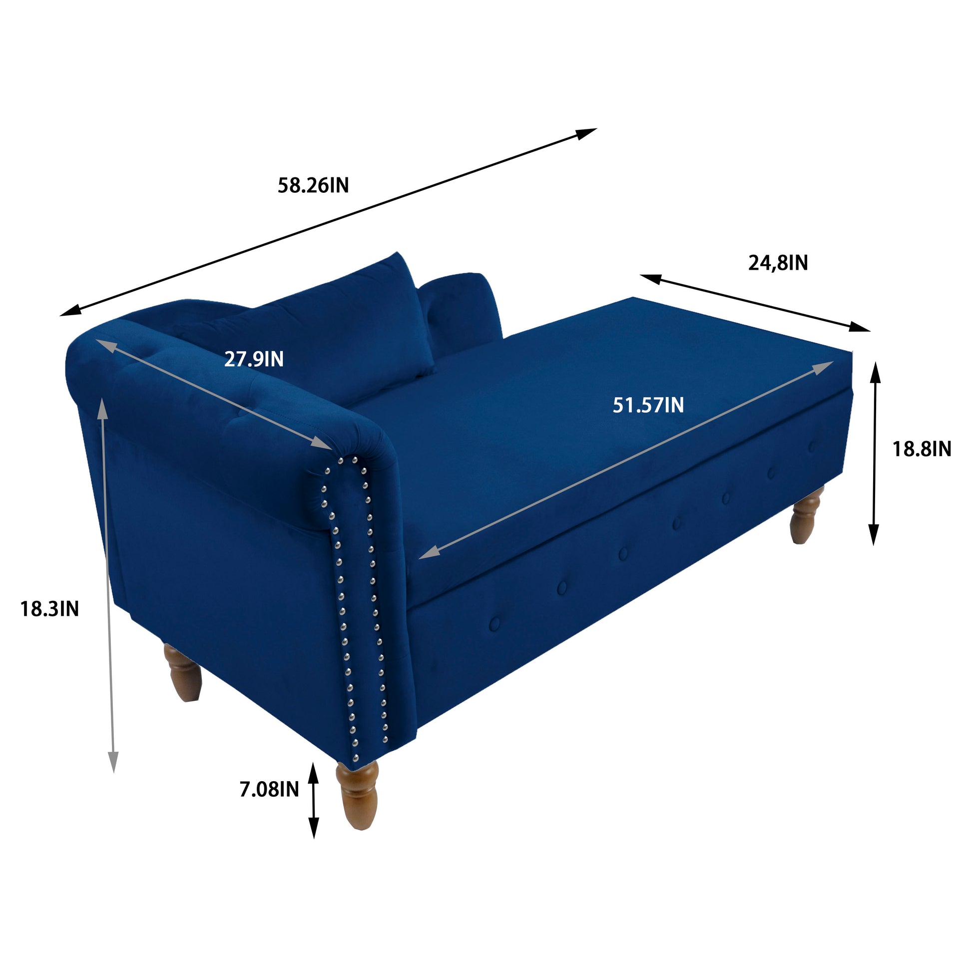 Deep blue velvet chaise lounge with tufted seat and silver nailhead trim Elegant chaise for living room