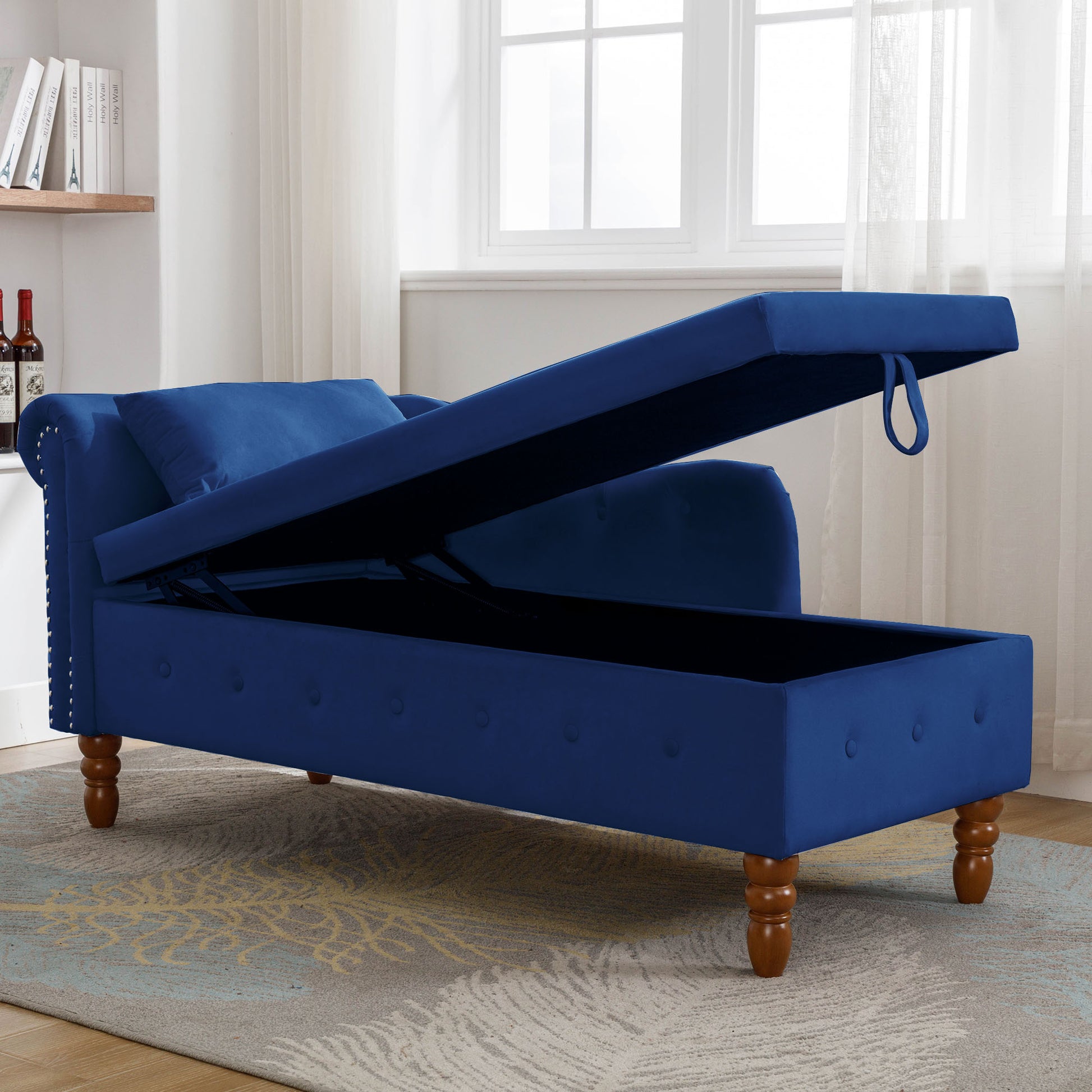 Navy velvet chaise lounge with hidden storage