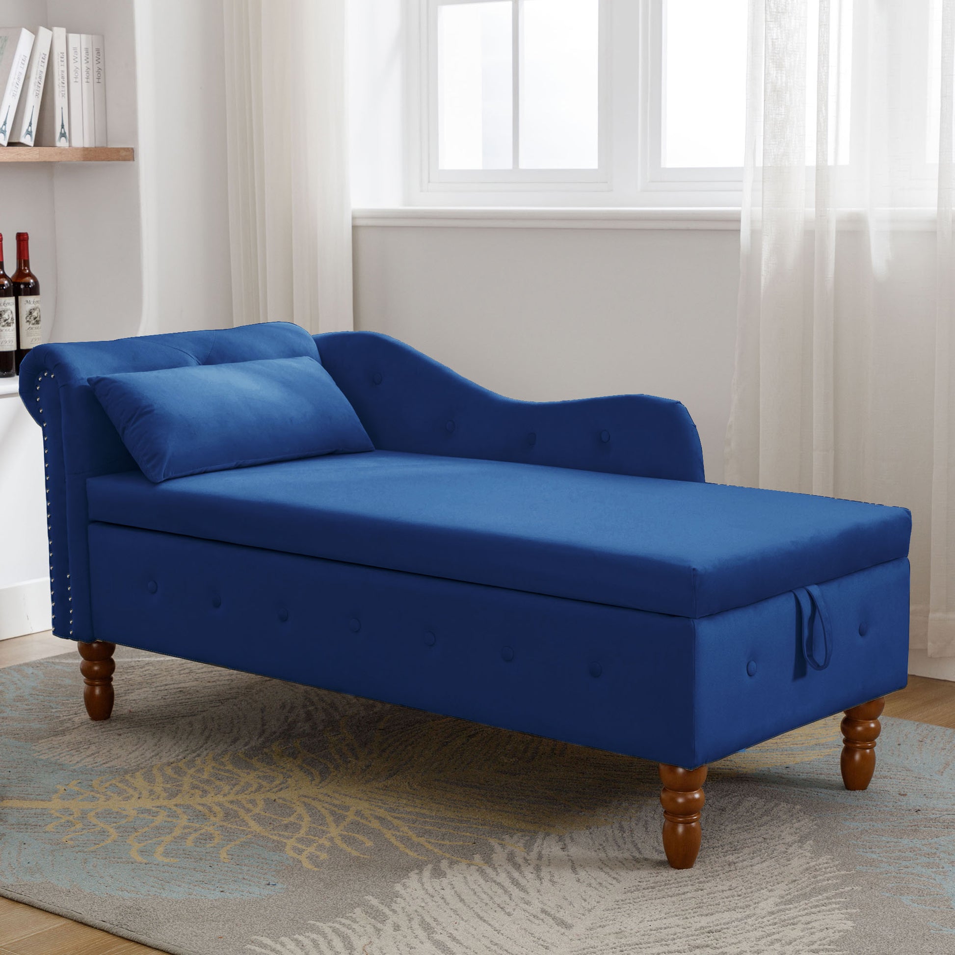 Blue velvet chaise lounge with storage