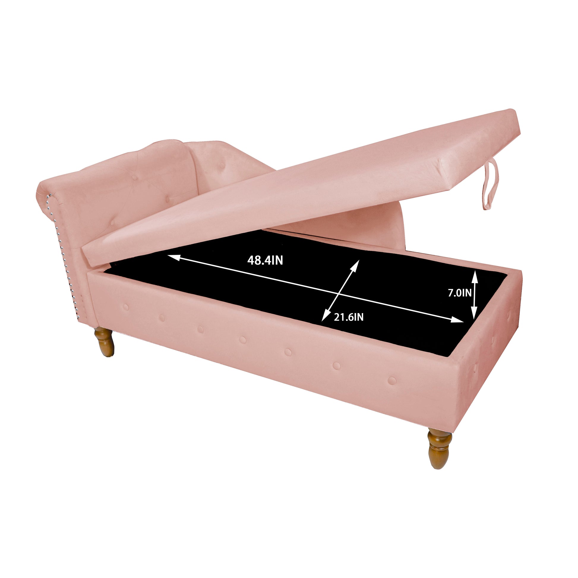 Pink velvet storage chaise lounge with tufted detail and open storage compartment