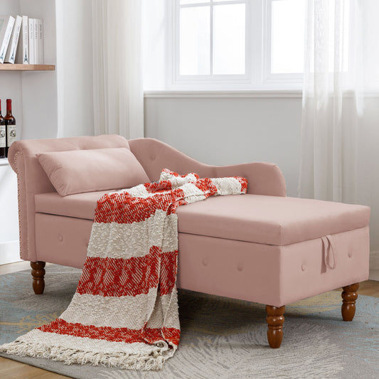 Pink velvet chaise lounge with storage and decorative nailhead trim