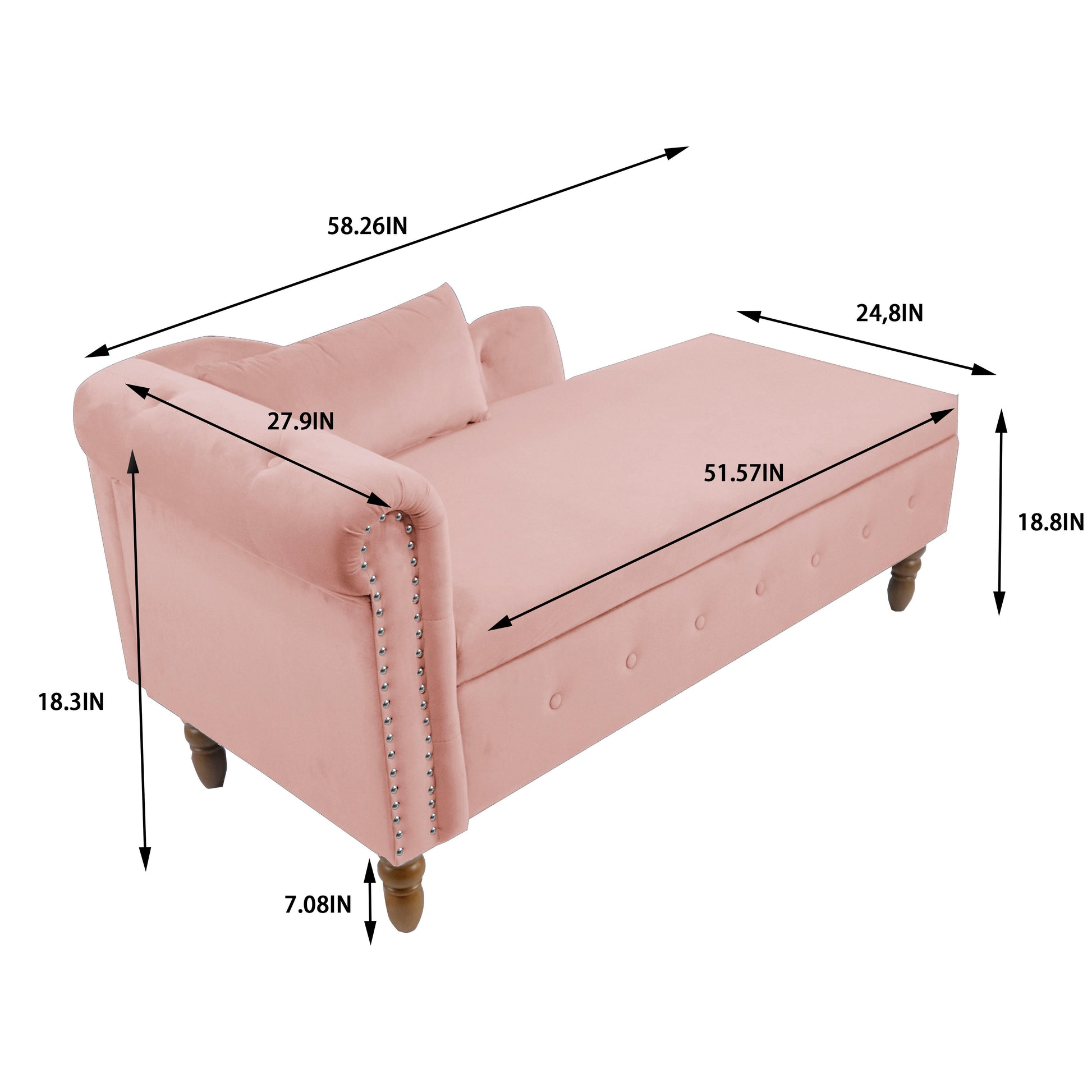 Pink velvet chaise lounge with tufted buttons and silver nailhead trim detail