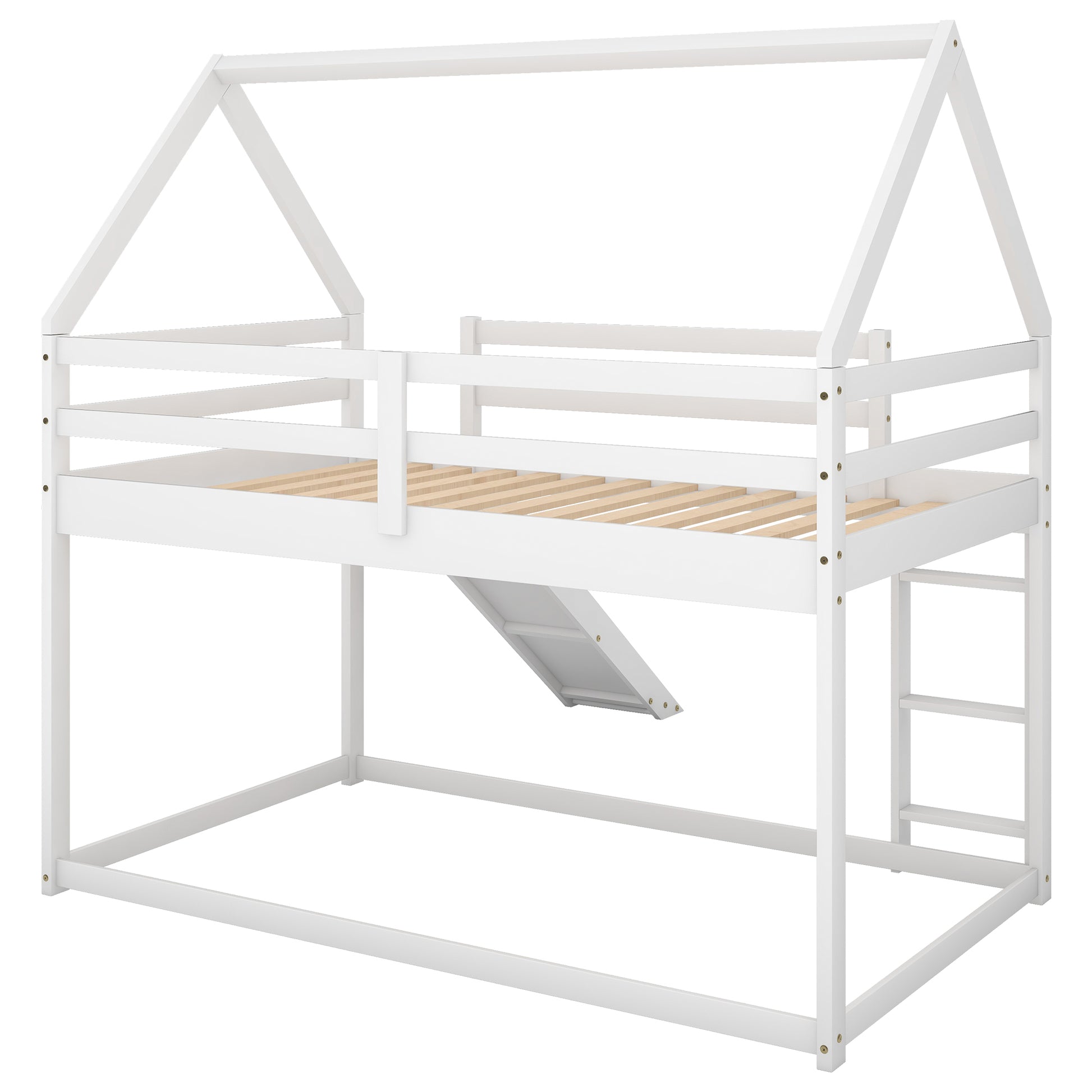White wooden house bed frame with slide and ladder