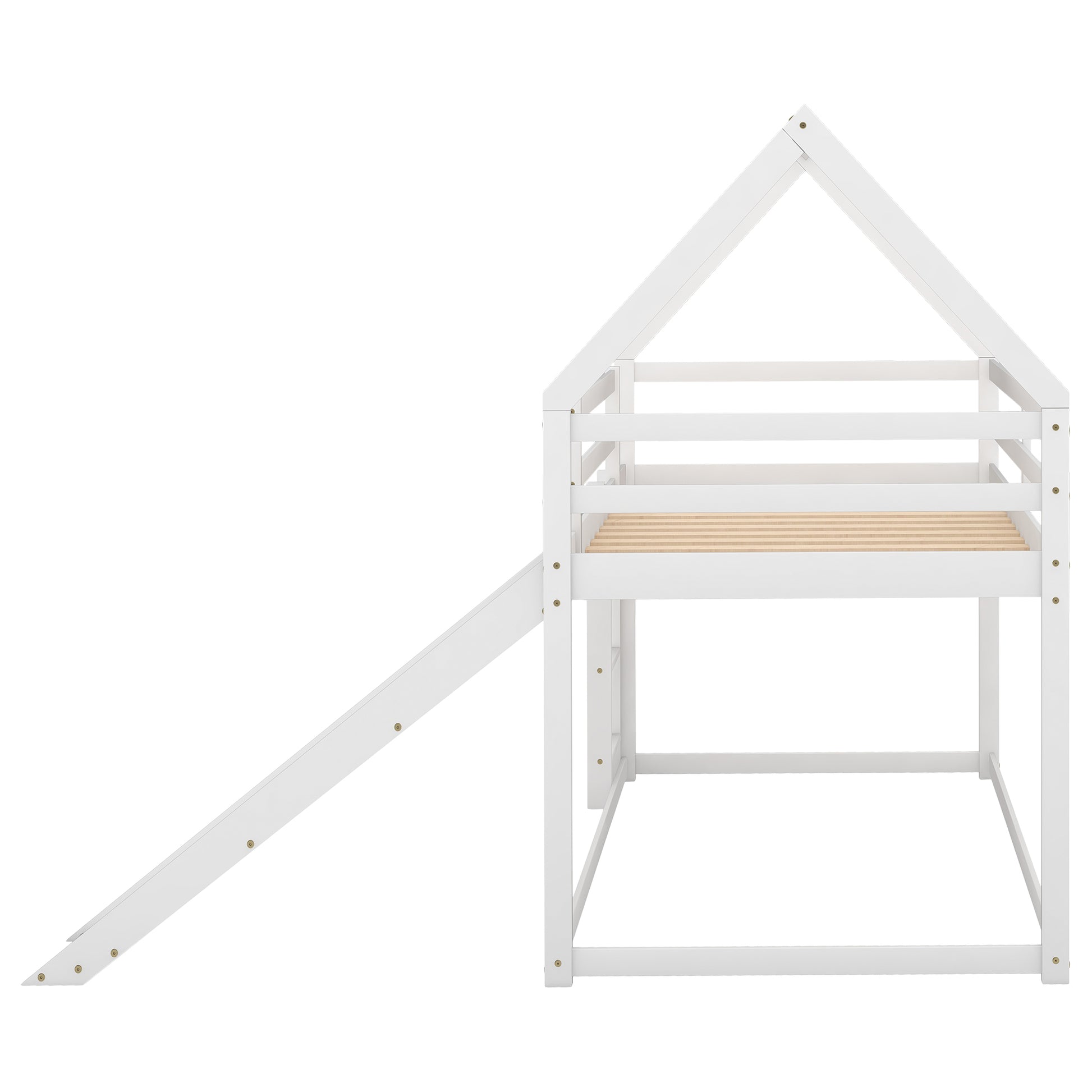 White wooden house bed with slide for kids