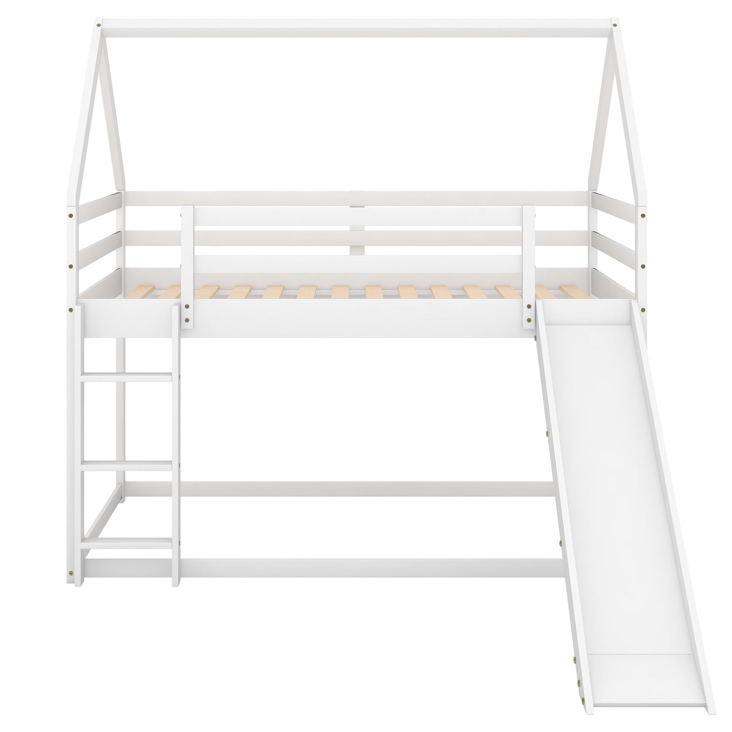 White wooden loft bed with ladder and slide