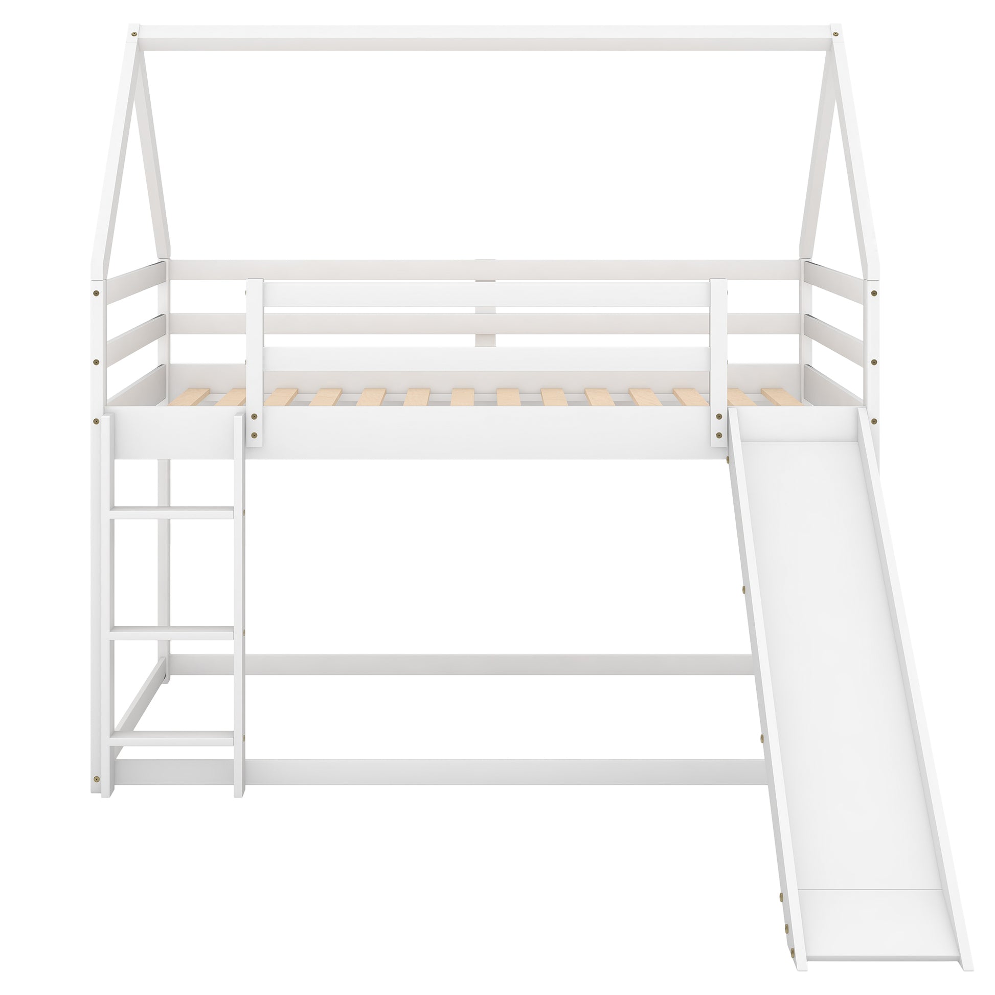 White wooden loft bed with ladder and slide