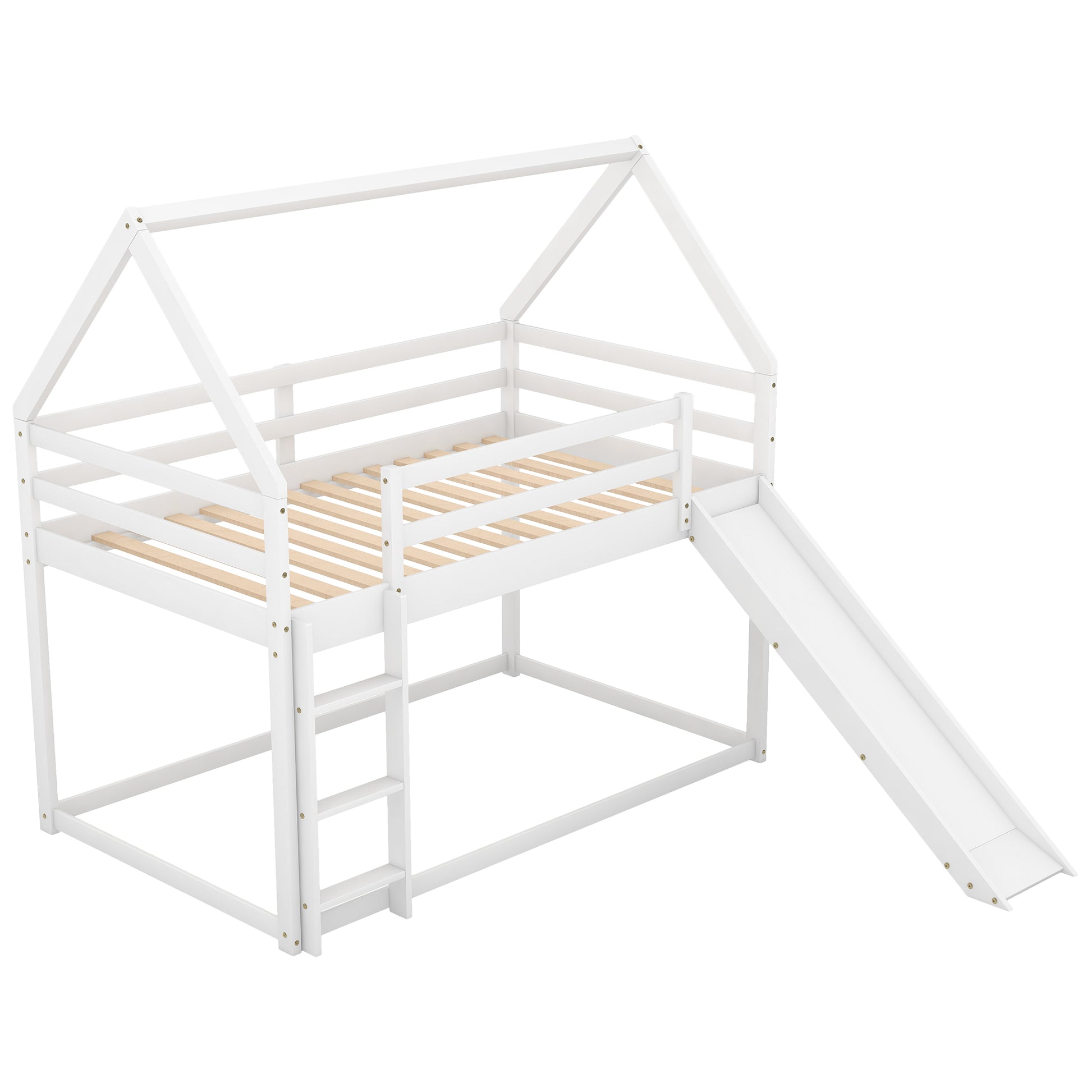 White wooden house bed frame with slide and ladder for kids rooms
