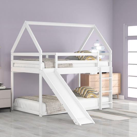 White wooden twin over twin bunk bed with house frame and slide