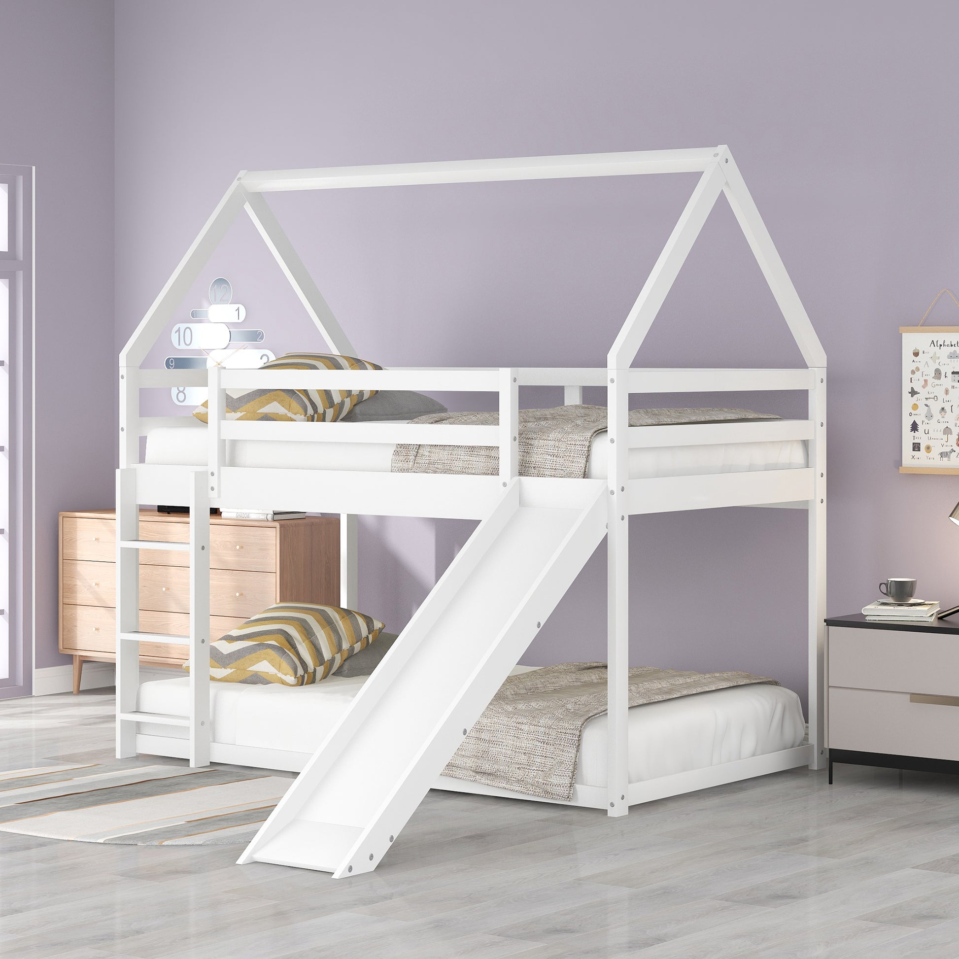 White wooden house bunk bed with slide and greyyellow pillows