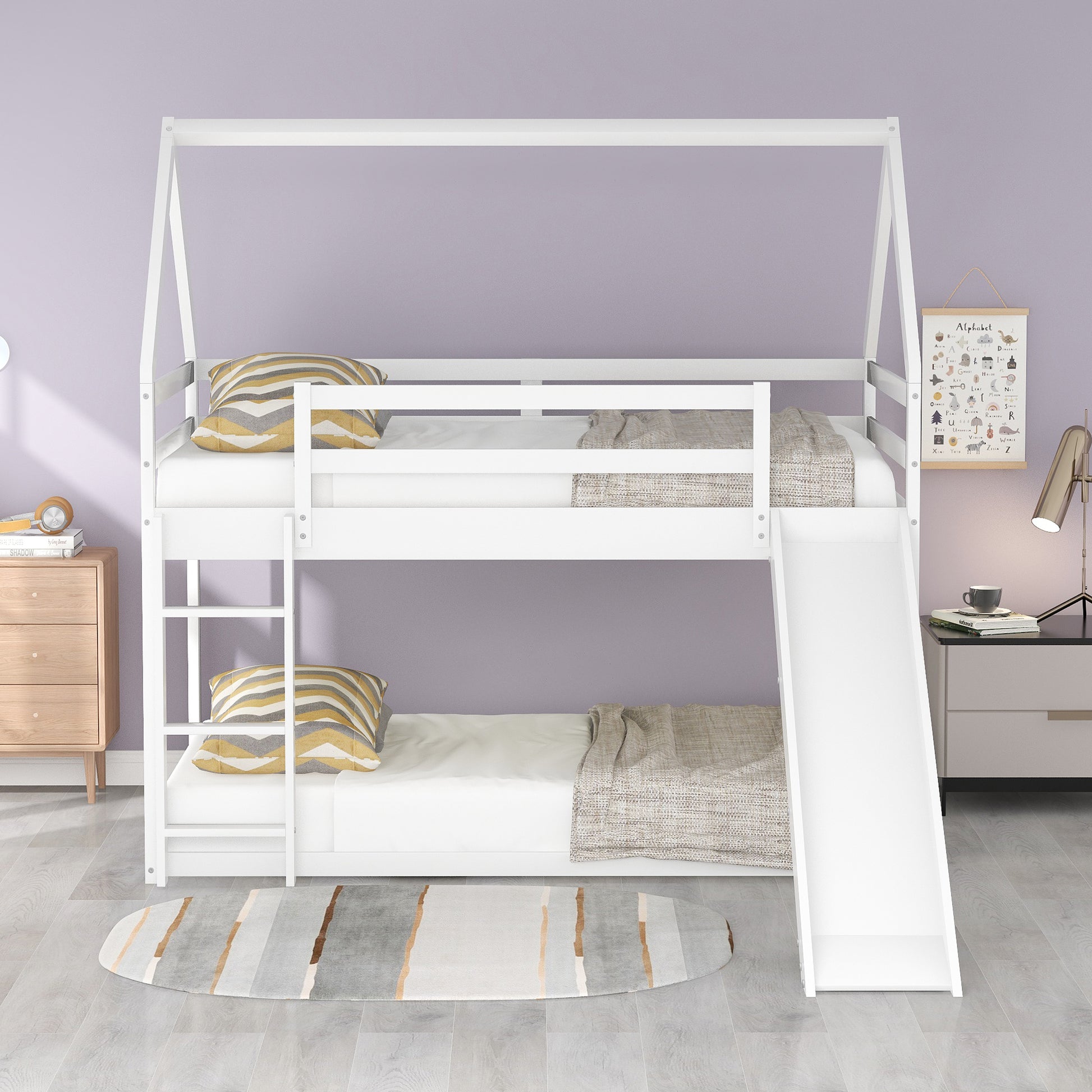 White wooden house frame bunk bed with slide for kids room