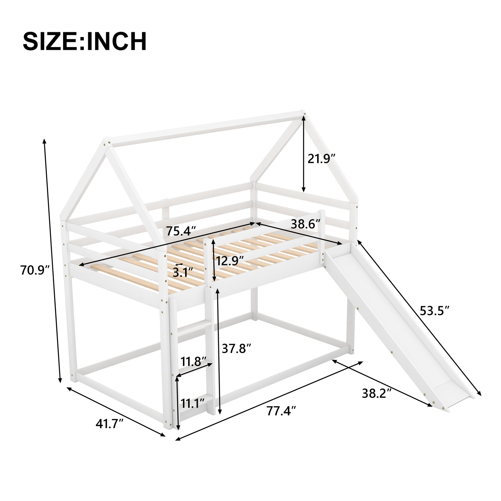 White twin house bed frame with ladder and slide dimensions indicated