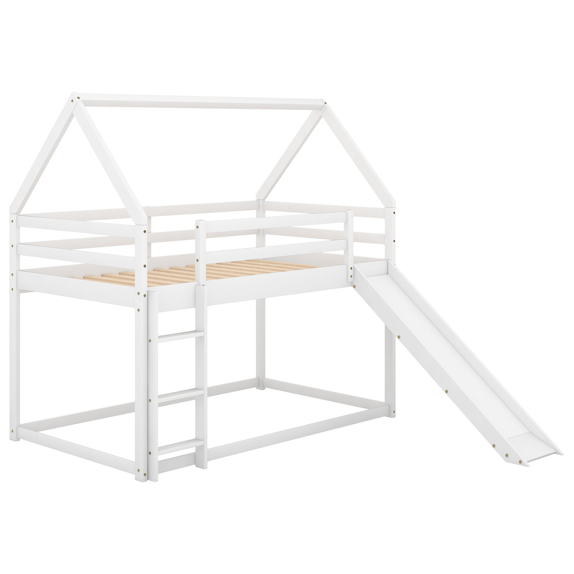 White wooden house loft bed with integrated slide and ladder for childrens bedroom