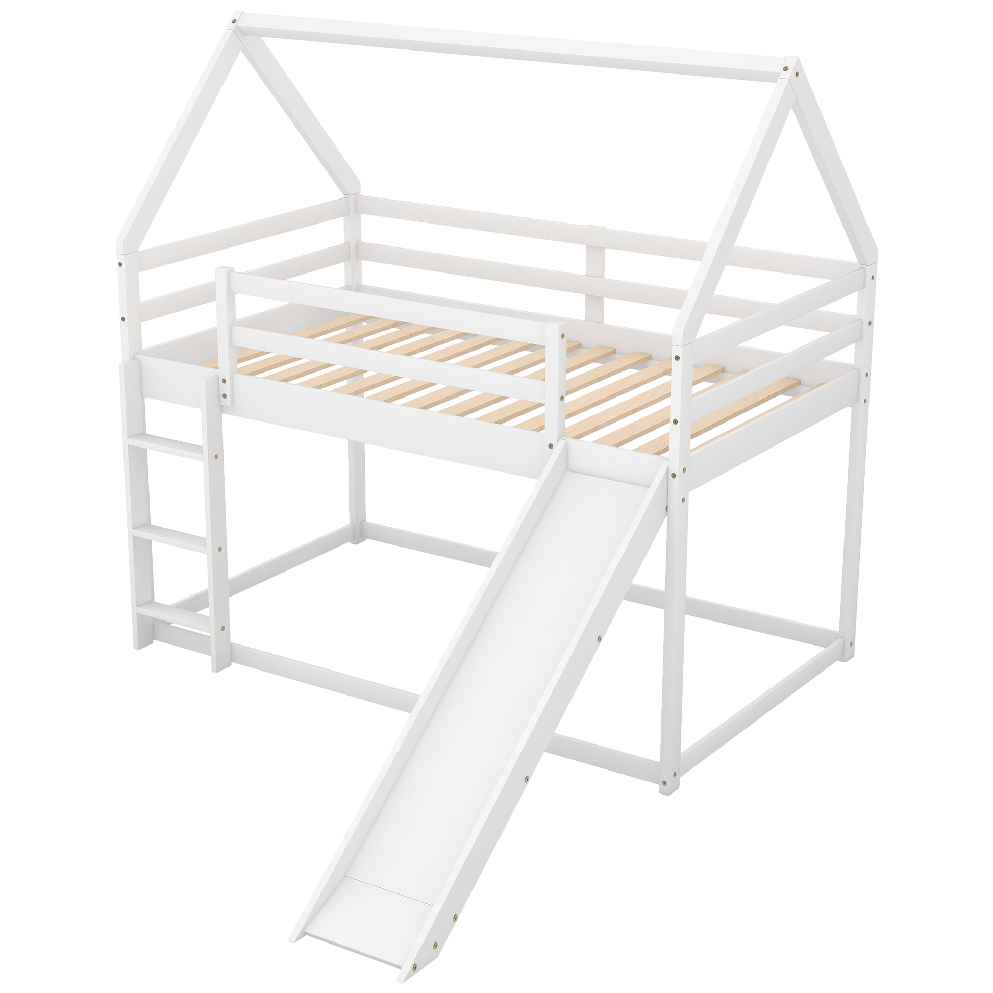 White wooden house loft bed with slide