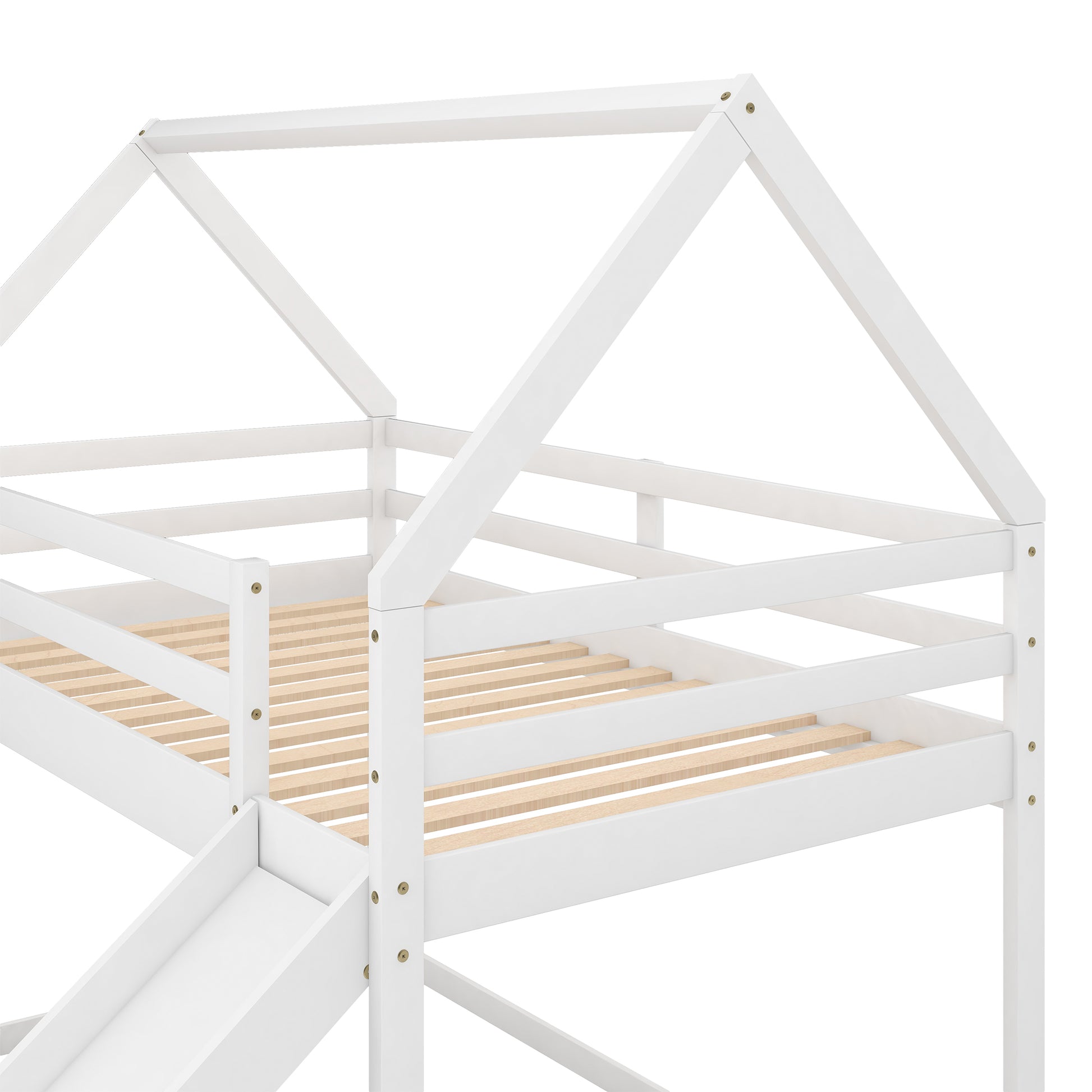 White wooden loft bed frame with integrated slide and houseshaped roof detail