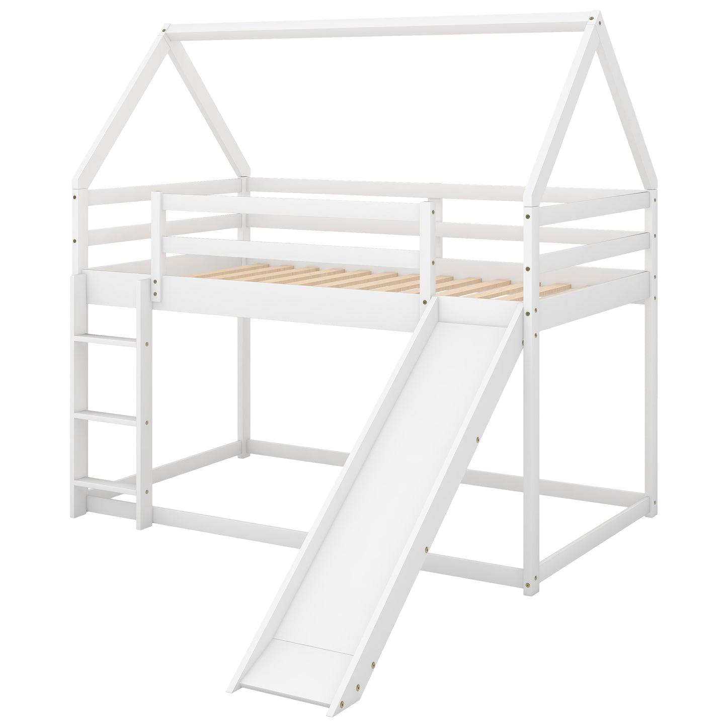 White wooden loft bed with slide and ladder