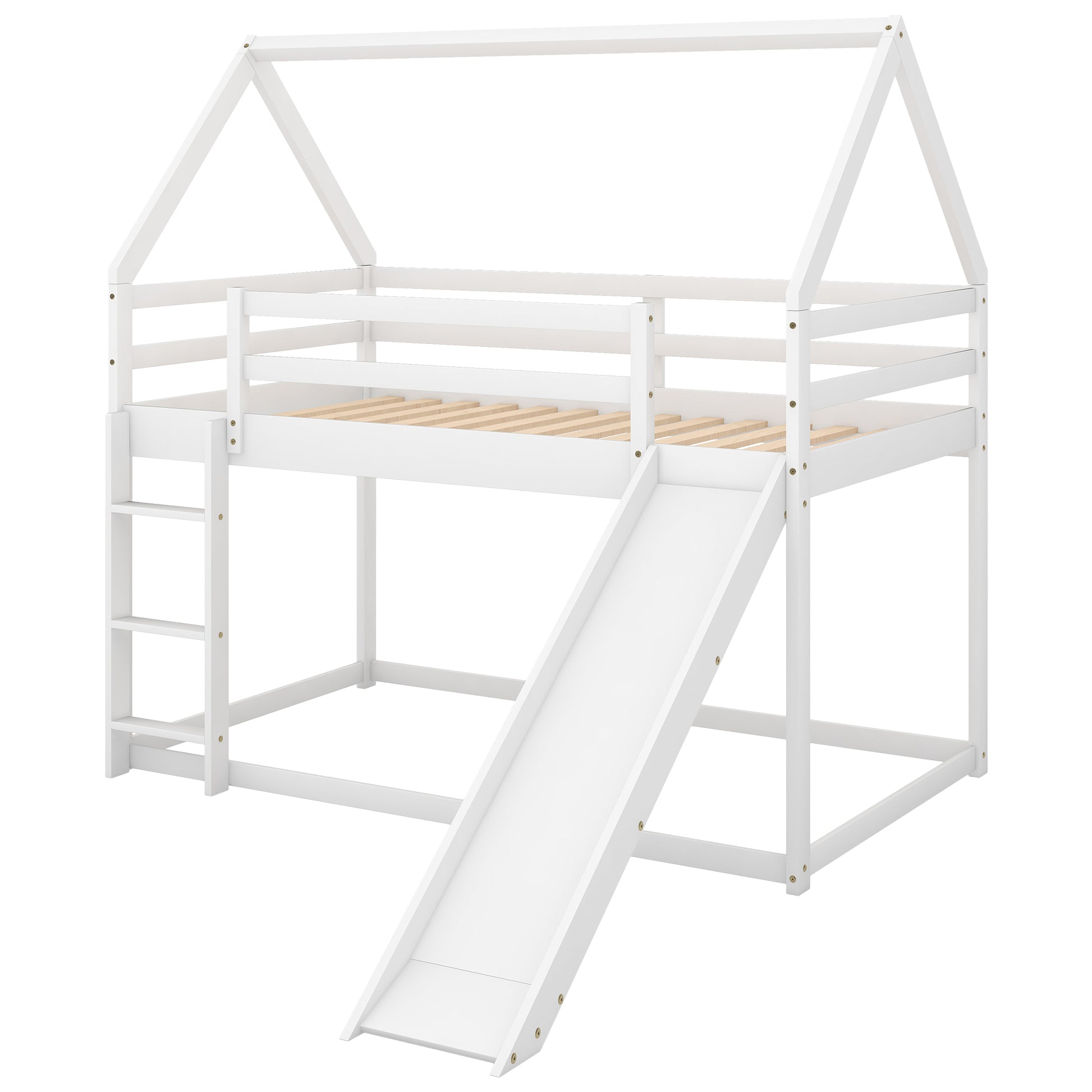 White wooden loft bed with slide and ladder