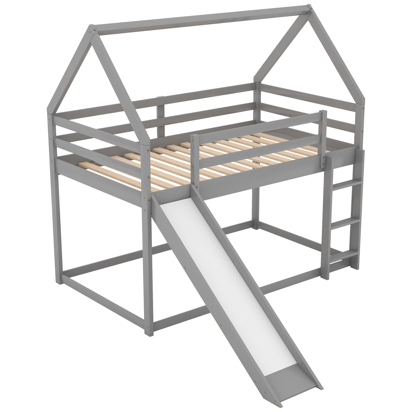 Gray wooden loft bed with house frame slide and ladder for childrens room