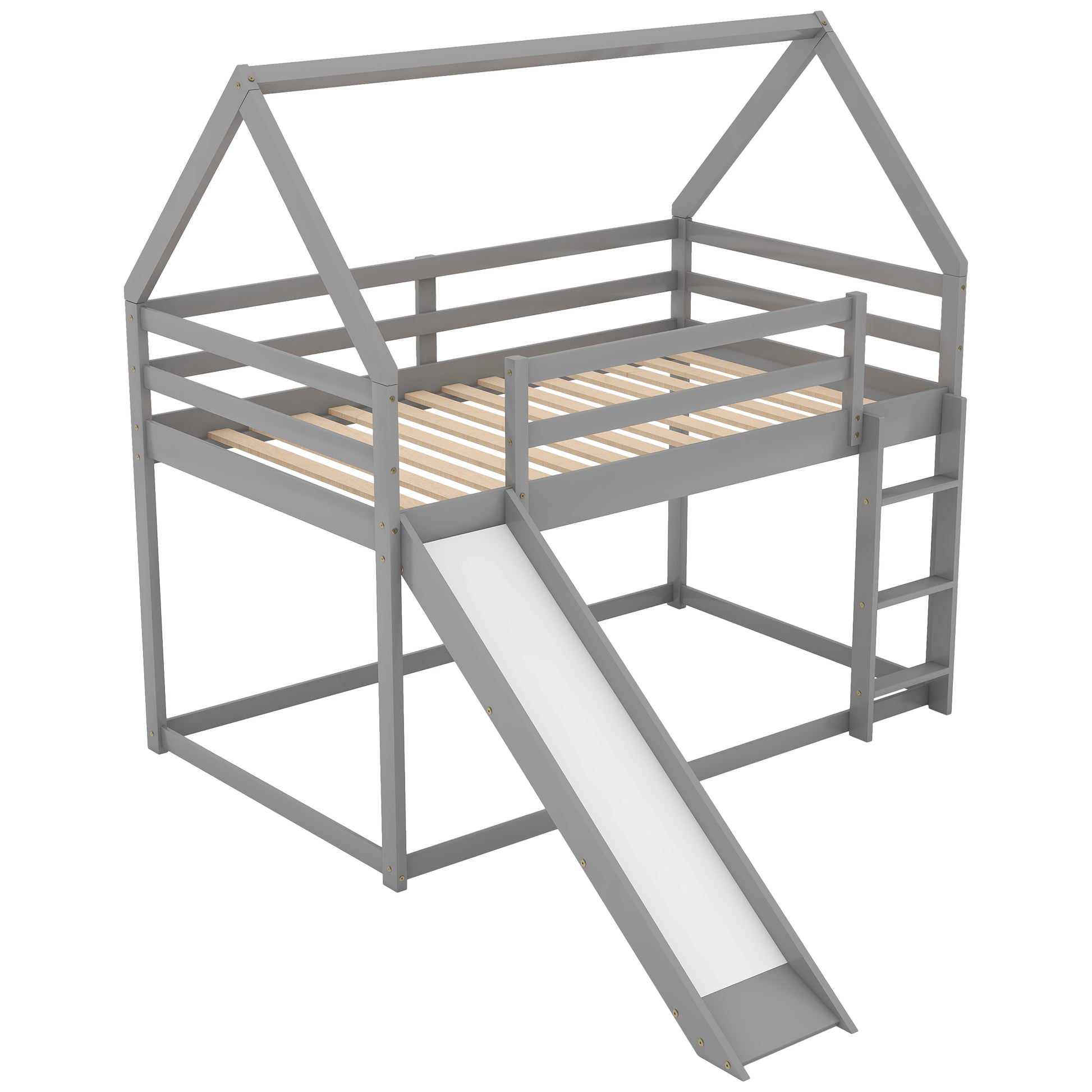 Gray wooden loft bed with house frame slide and ladder for childrens room