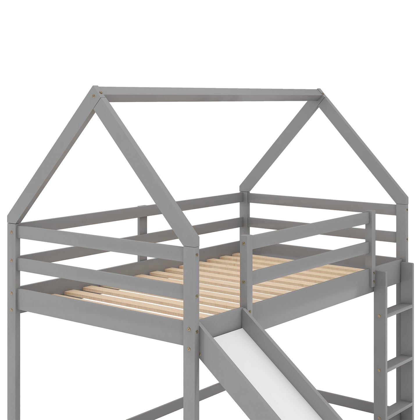 Gray wooden house loft bed with slide and ladder