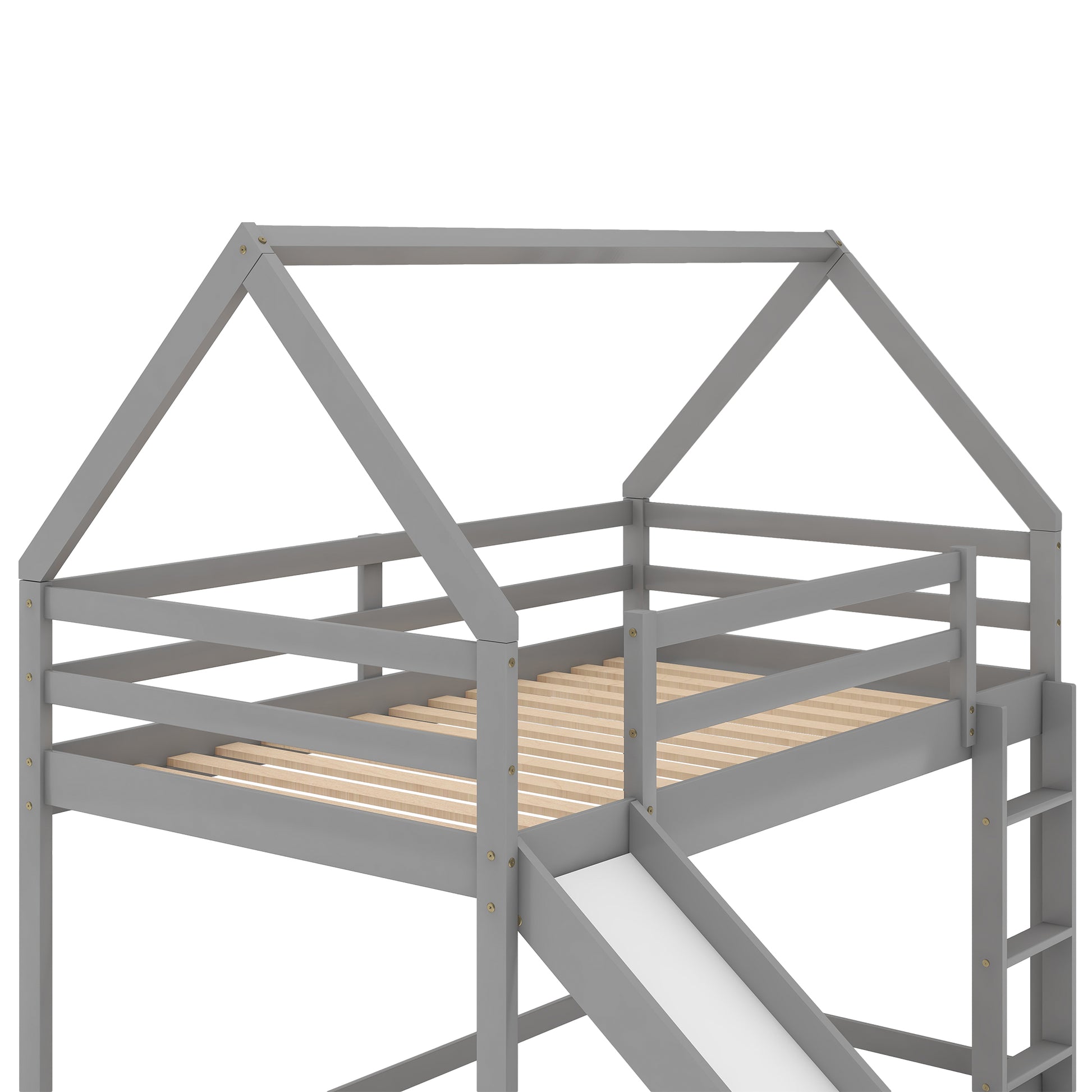 Gray wooden house loft bed with slide and ladder