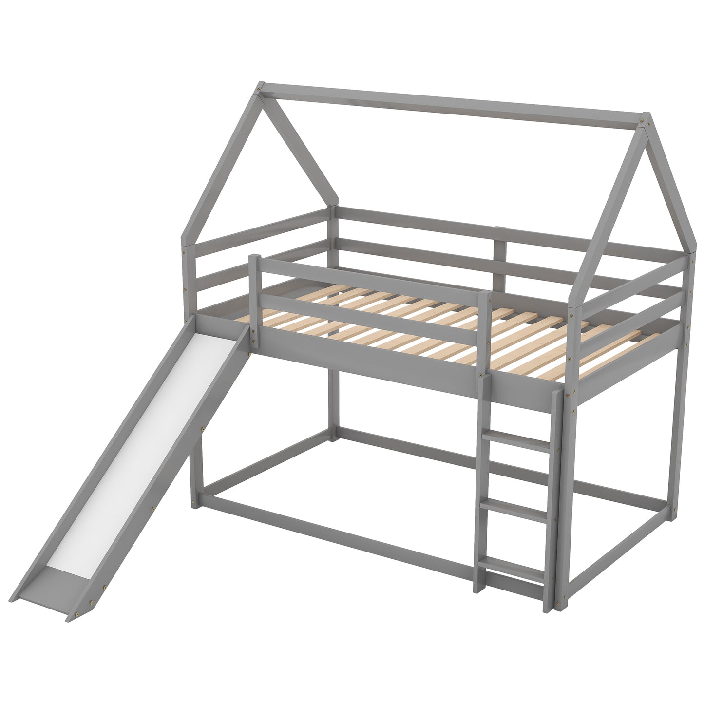 Gray wooden house loft bed with slide and ladder for kids room
